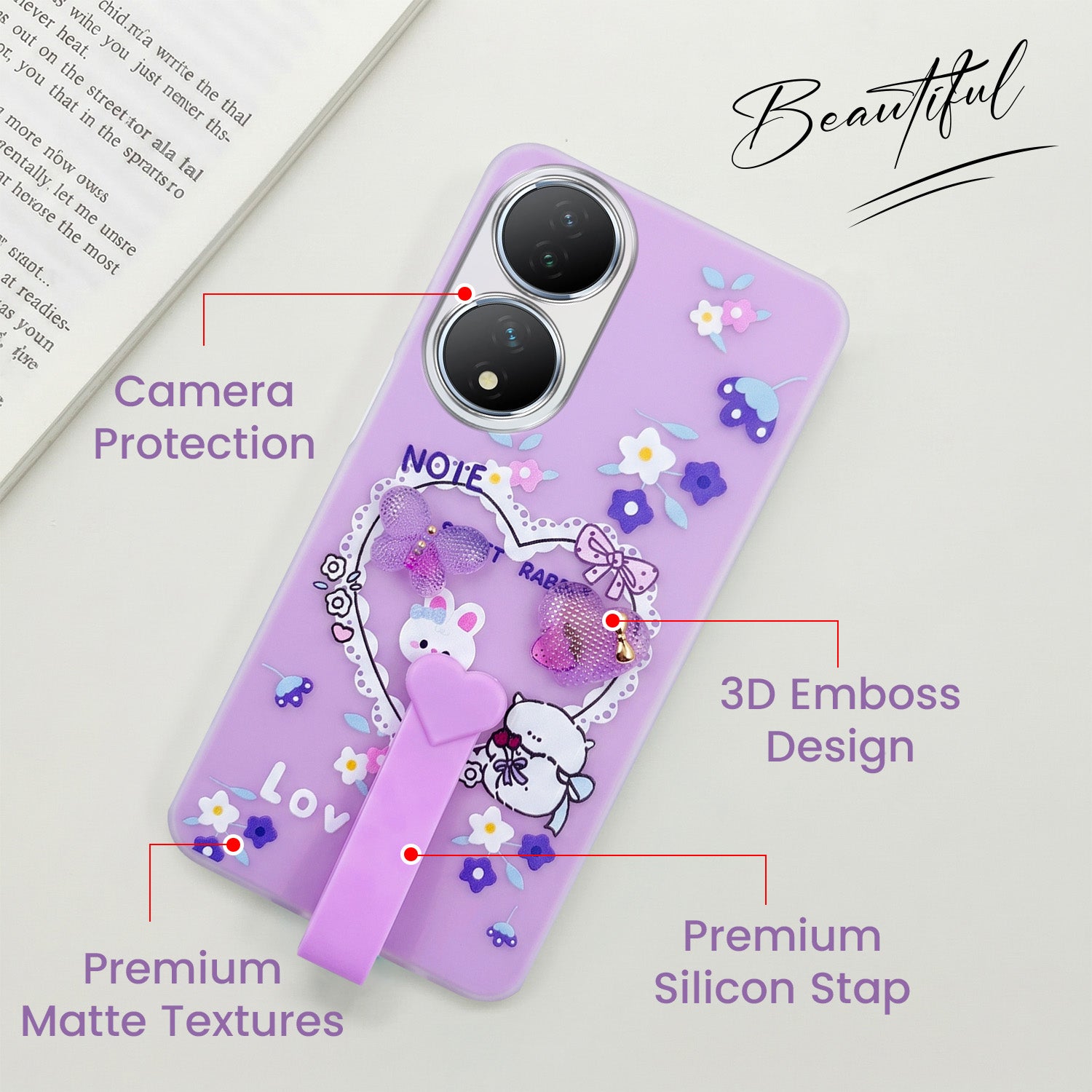 For Vivo Y100 Back Cover Case (3D Cute Heart Strap Holder | Camera Protection | Designer Girls Print)