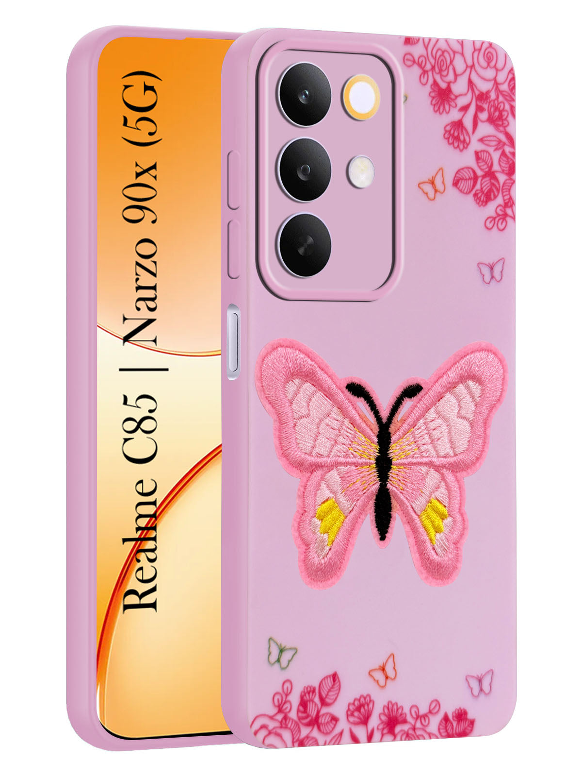 For Realme C85 5G | Realme Narzo 90x Back Cover Case (Soft Butterfly Embroidery | Women Teen Girls | Camera Protection| Matte Silicone)