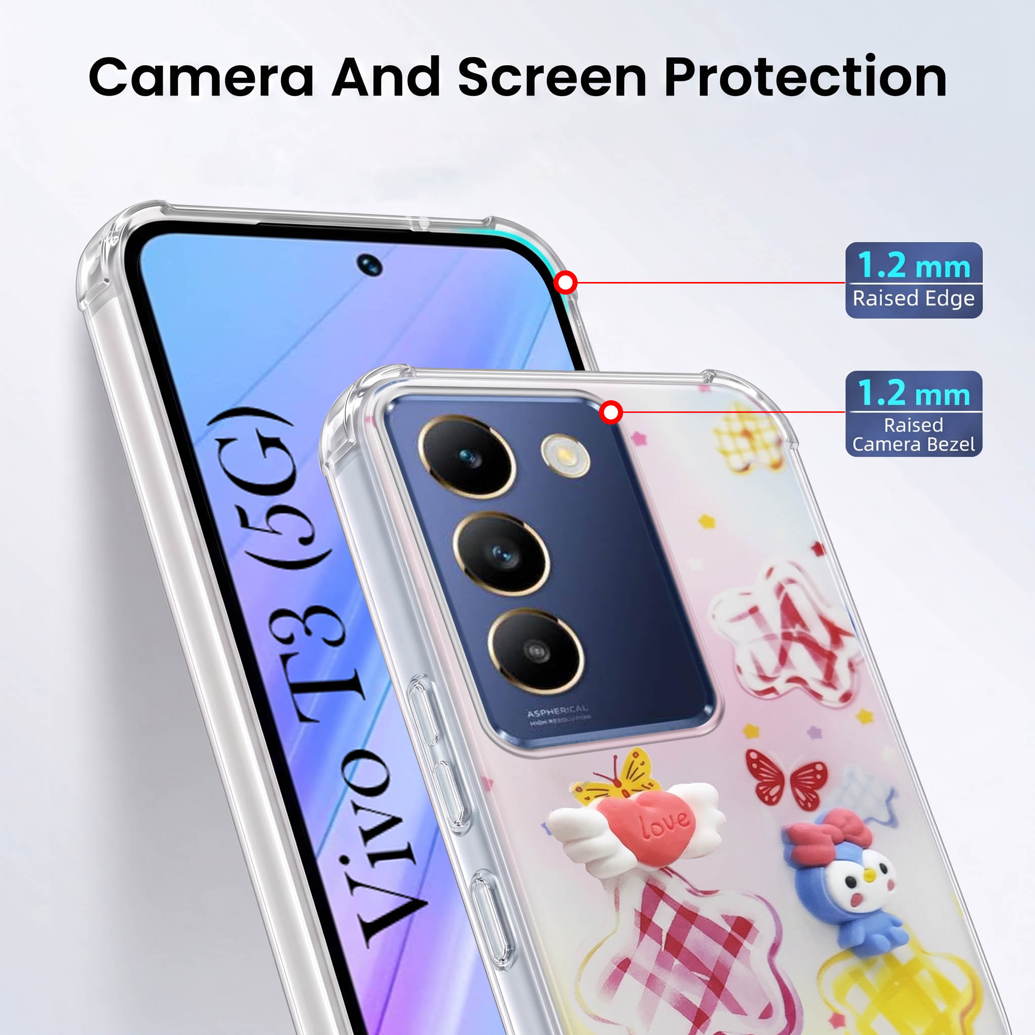 For Vivo T3 5G Back Cover Case (3D Cute Cartoons | Hard Back Side Soft | Matte Premium Finish | HD Printing)