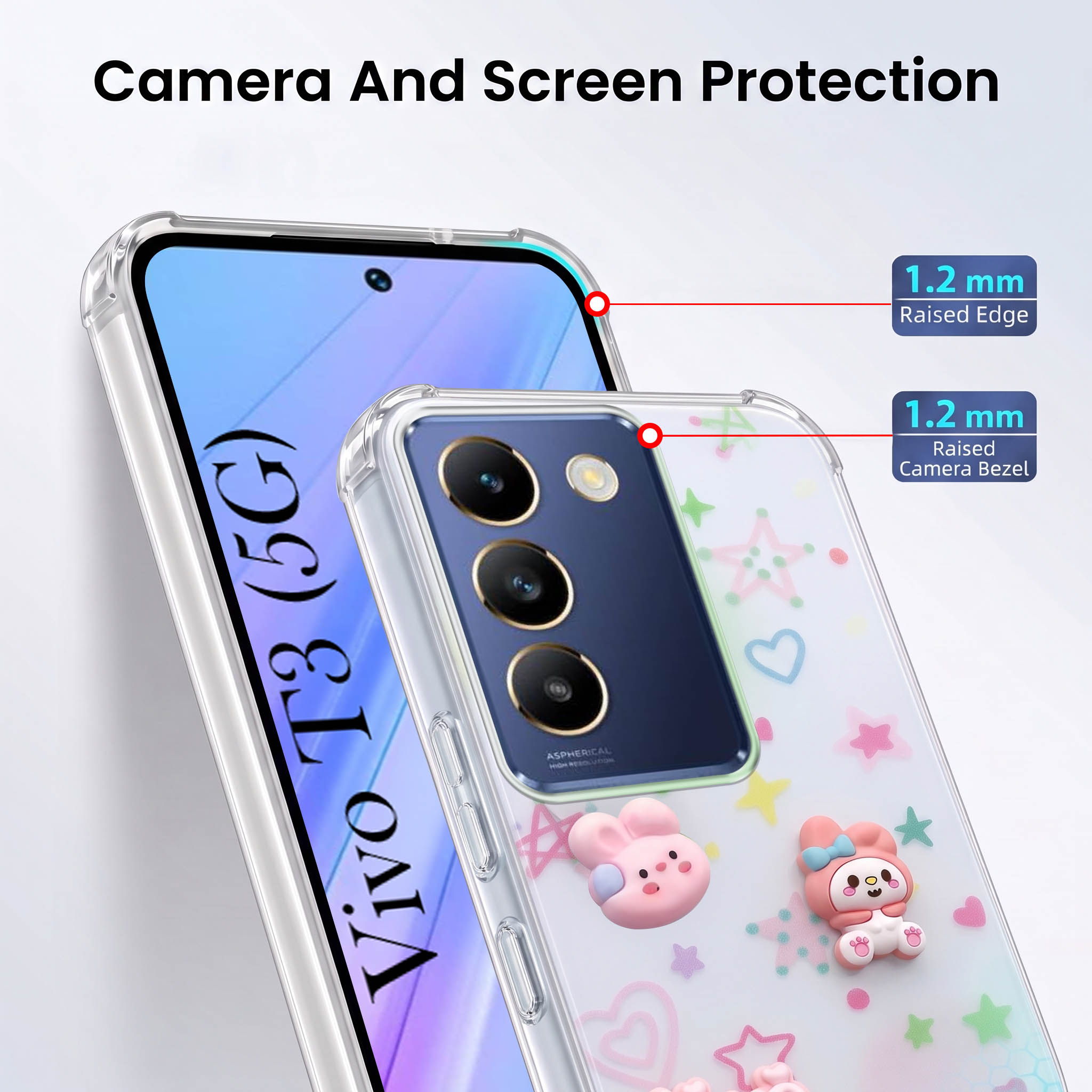For Vivo T3 5G Back Cover Case (3D Cute Cartoons | Hard Back Side Soft | Matte Premium Finish | HD Printing)