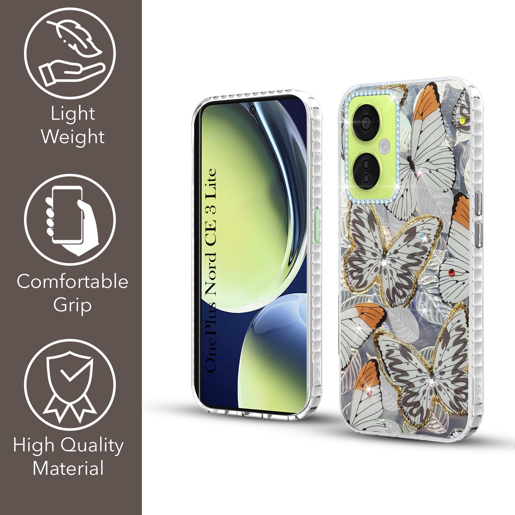 For OnePlus Nord CE 3 Lite Back Cover Case (Luxury Floral Glitter Cute Butterfly | Diamond Studded Camera Bump | Girls & Women Design)