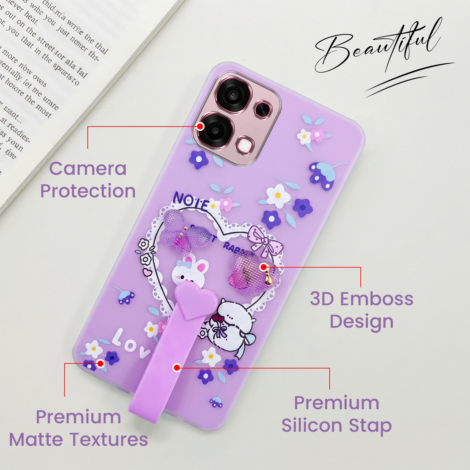 For Oppo F31 5G | Oppo F33 5G Back Cover Case (3D Cute Heart Strap Holder | Camera Protection | Designer Girls Print)