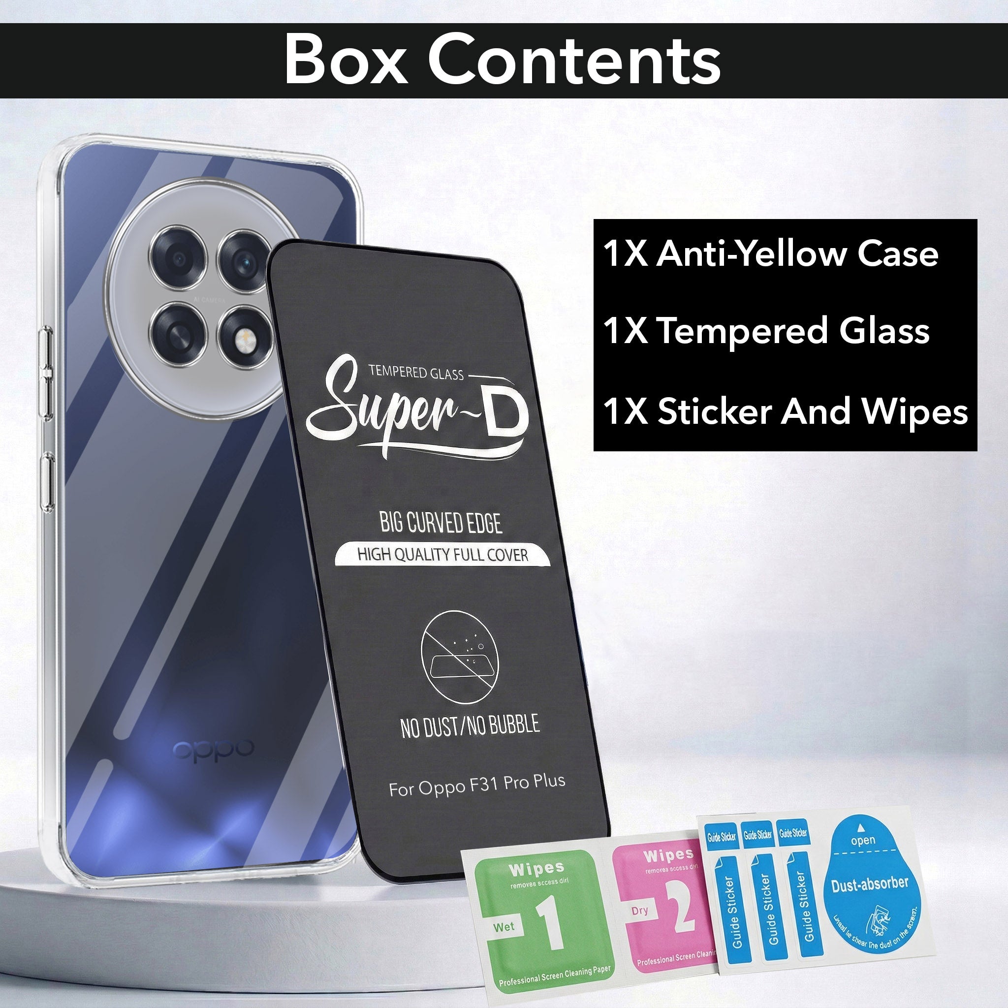 For Oppo F31 Pro Plus Combo with Back Cover and 9H Tempered Glass (Lifetime Anti-Yellow | Sleek Hard Crystal | Oleophobic Coating Screen Glass)