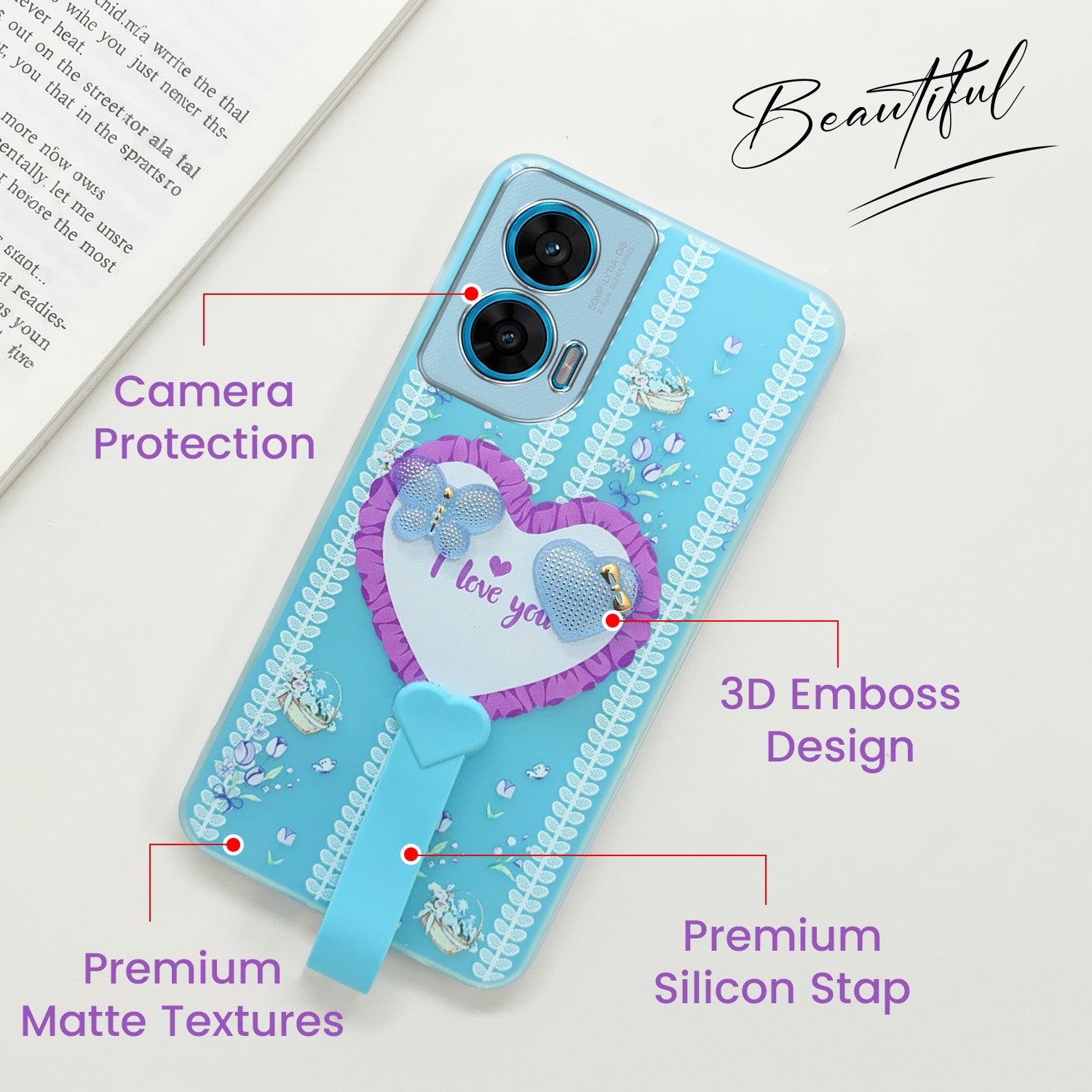 For Motorola Moto G96 Back Cover Case (3D Cute Heart Strap Holder | Camera Protection | Designer Girls Print)