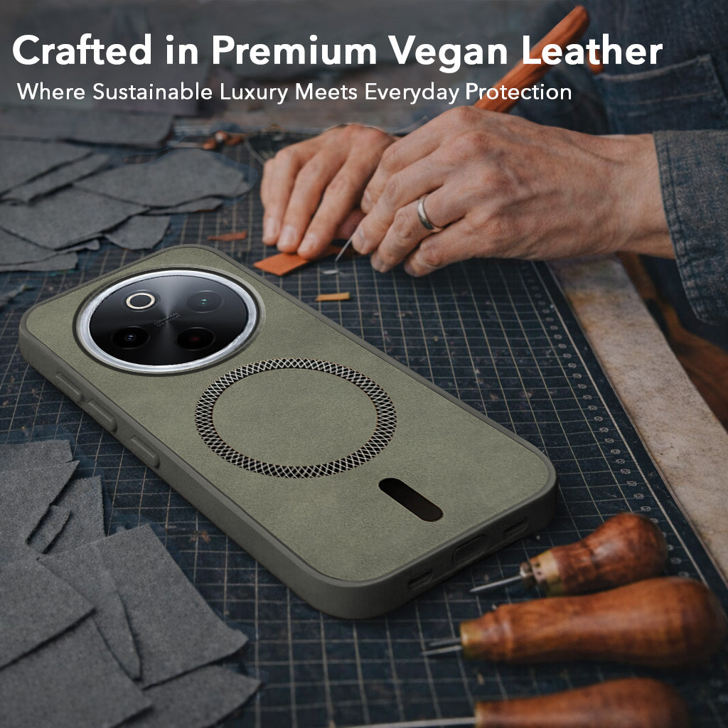 For Vivo iQOO Z10 Back Cover Case Leather Finish (MagSafe Compatible Wireless Charging | Soft Touch | Camera Bump Protection)
