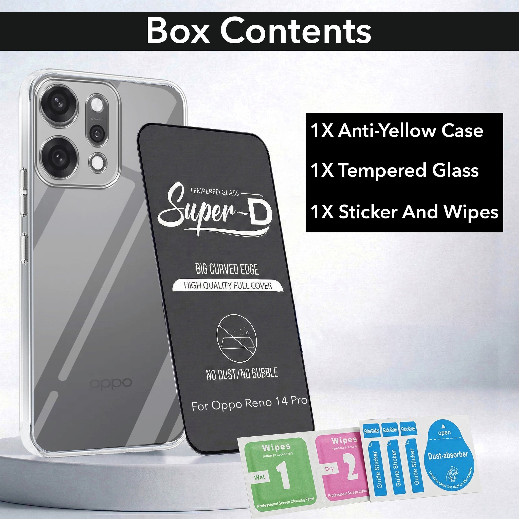 For Oppo Reno14 Pro 5G | Oppo Reno 14 Pro 5G Combo with Back Cover and 9H Tempered Glass (Lifetime Anti-Yellow | Sleek Hard Crystal | Oleophobic Coating Screen Glass)