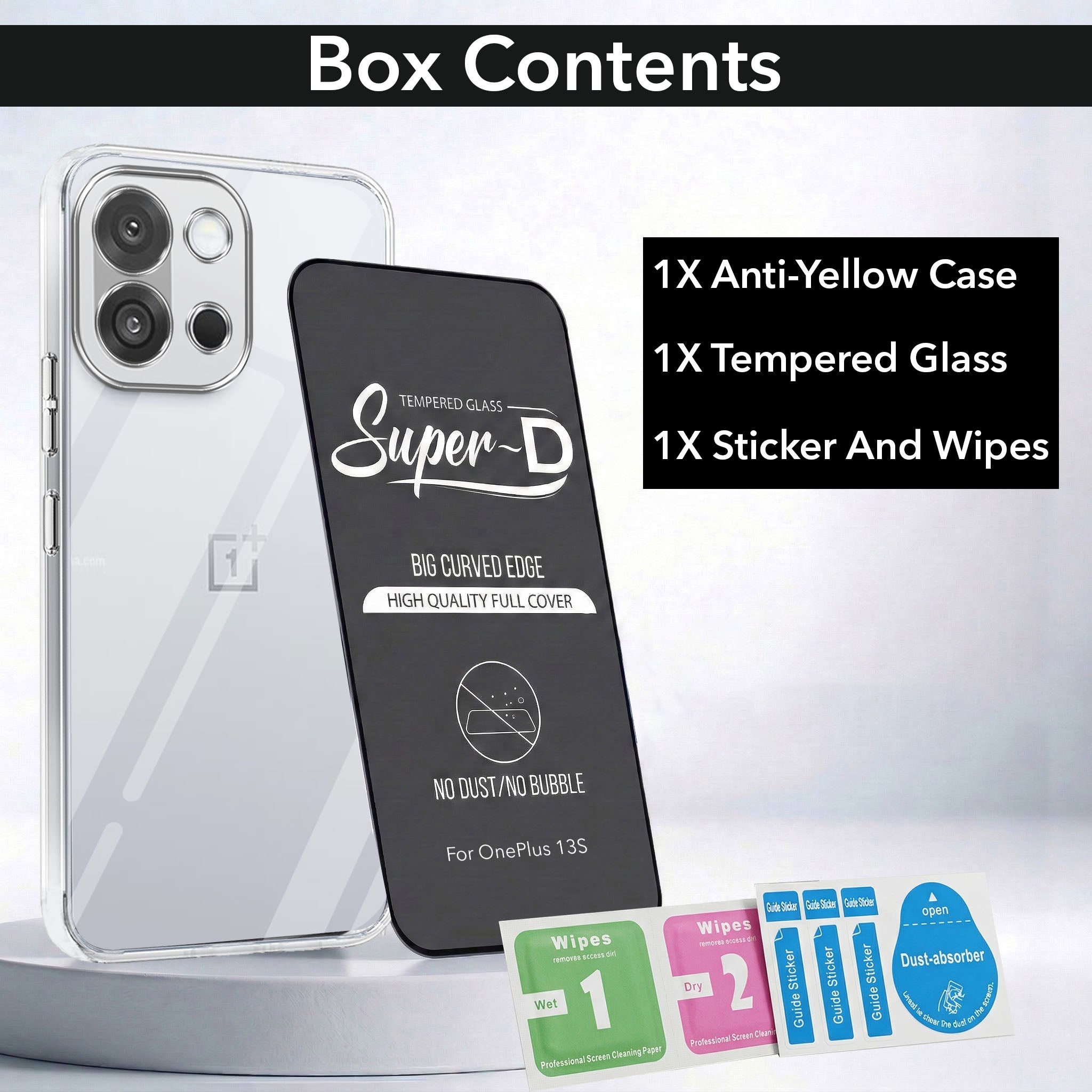 For OnePlus 13S Combo with Back Cover and 9H Tempered Glass (Lifetime Anti-Yellow | Sleek Hard Crystal | Oleophobic Coating Screen Glass)