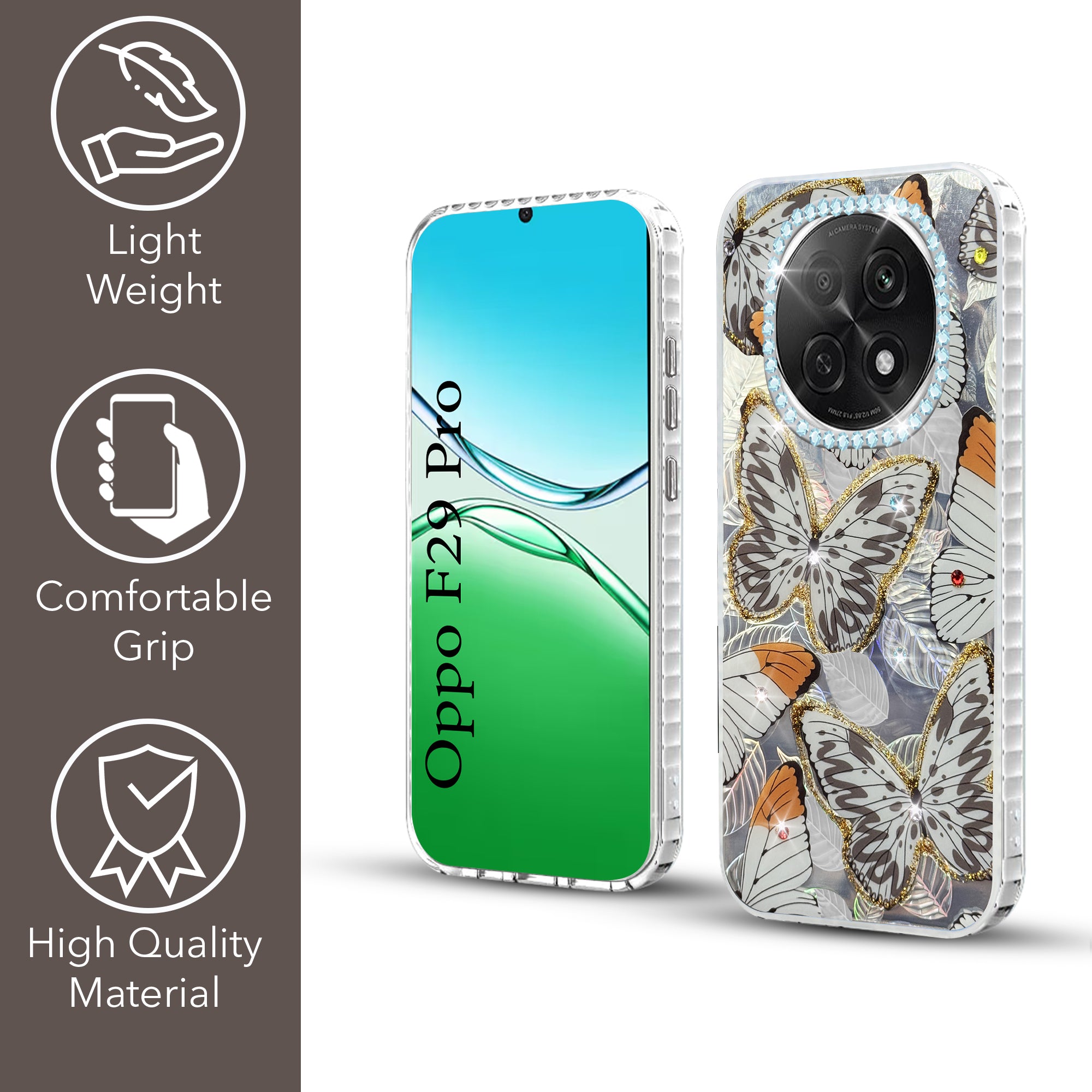 For Oppo F29 Pro Back Cover Case  (Luxury Floral Glitter Cute Butterfly | Diamond Studded Camera Bump | Girls & Women Design)
