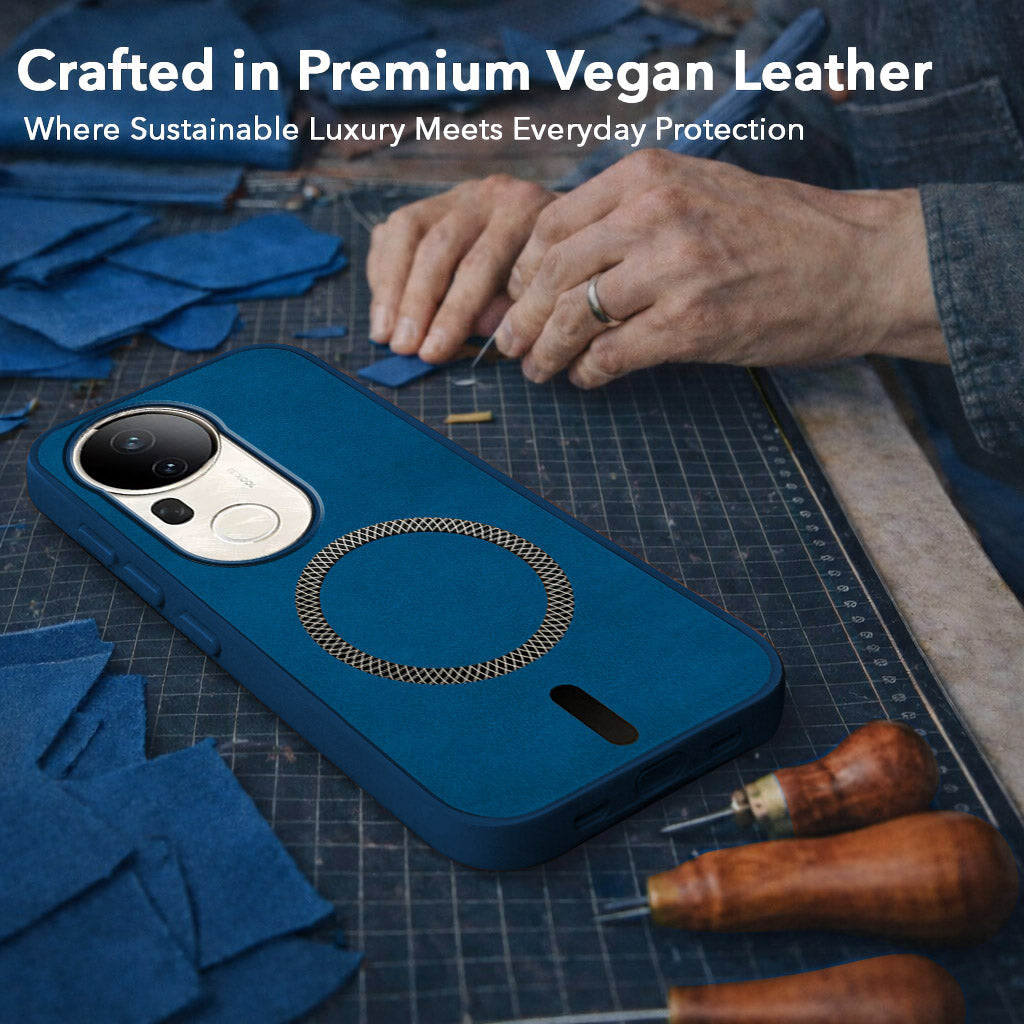 For Vivo T4 Ultra Back Cover Case Leather Finish (MagSafe Compatible Wireless Charging | Soft Touch | Camera Bump Protection)