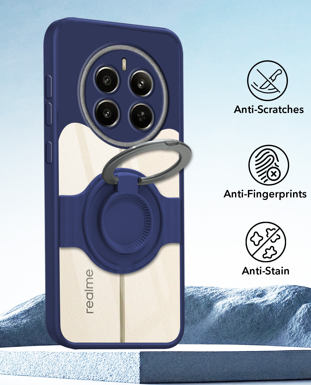 For Realme 12 Plus Back Cover Case with stand (Built-in Ring Holder Kickstand | Lifetime Anti Yellow | Camera Protection)