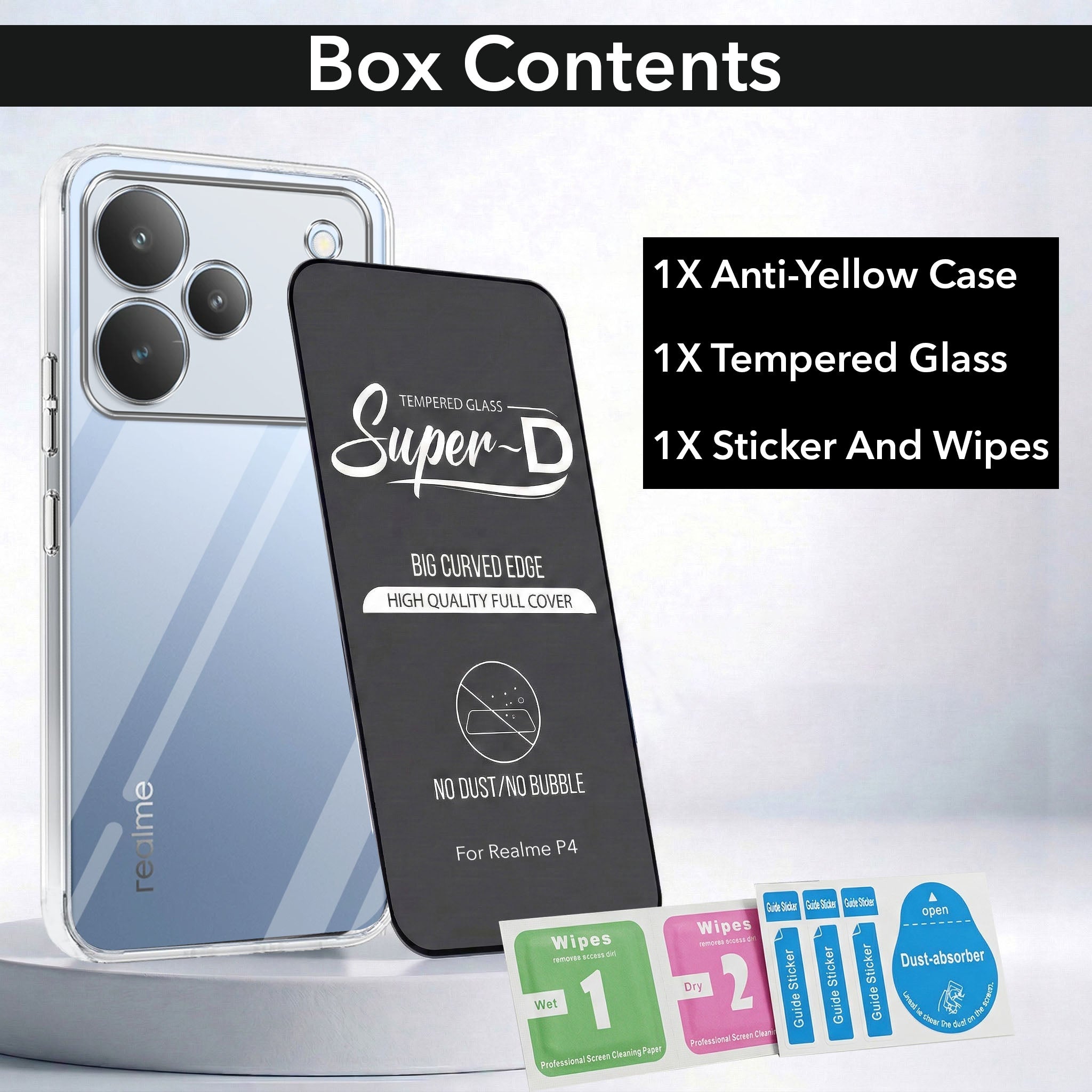 For Realme P4 Combo with Back Cover and 9H Tempered Glass (Lifetime Anti-Yellow | Sleek Hard Crystal | Oleophobic Coating Screen Glass)