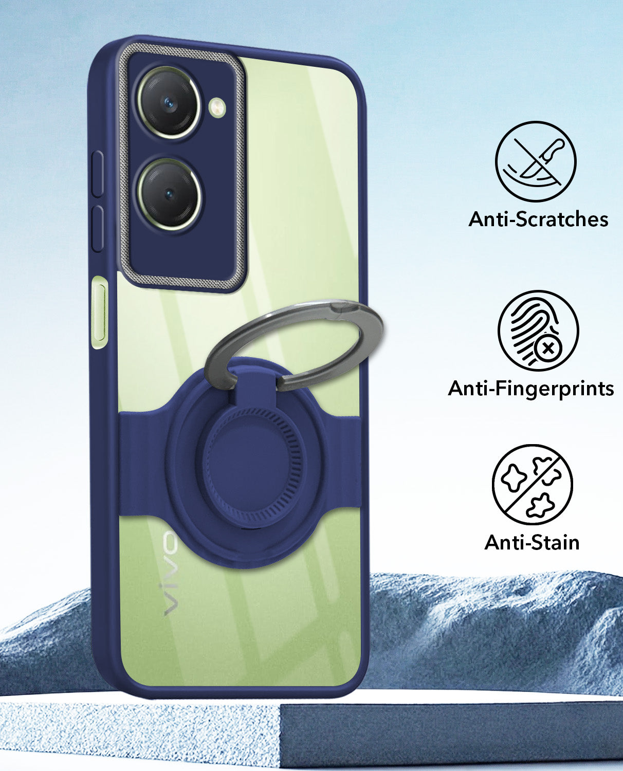 For Vivo T3 Lite 5G | Vivo Y28s 5G Back Cover Case with stand (Built-in Ring Holder Kickstand | Lifetime Anti Yellow | Camera Protection)