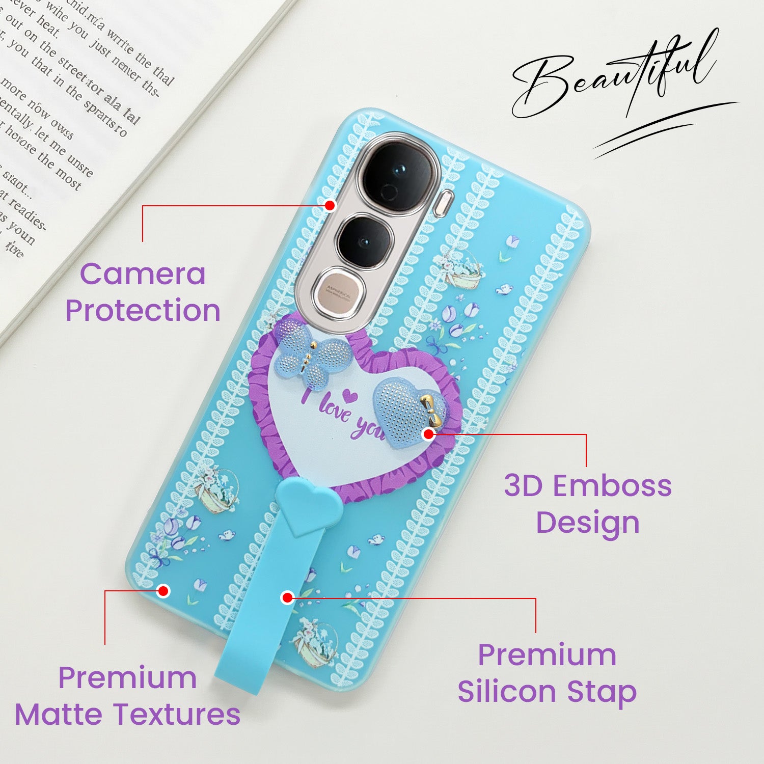 For Vivo Y400 Pro Back Cover Case (3D Cute Heart Strap Holder | Camera Protection | Designer Girls Print)