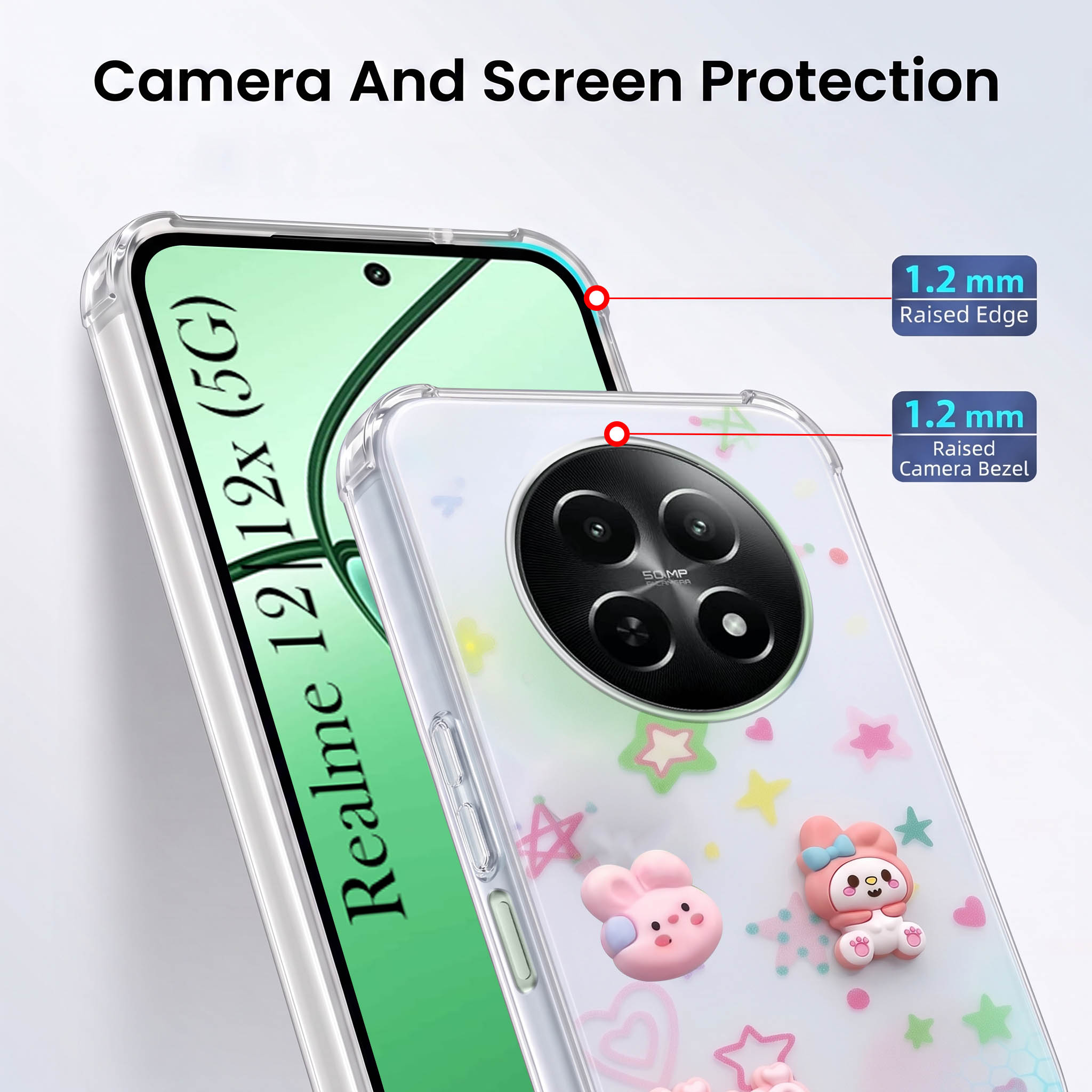 For Realme 12 | Realme 12X Back Cover Case (3D Cute Cartoons | Hard Back Side Soft | Matte Premium Finish | HD Printing)