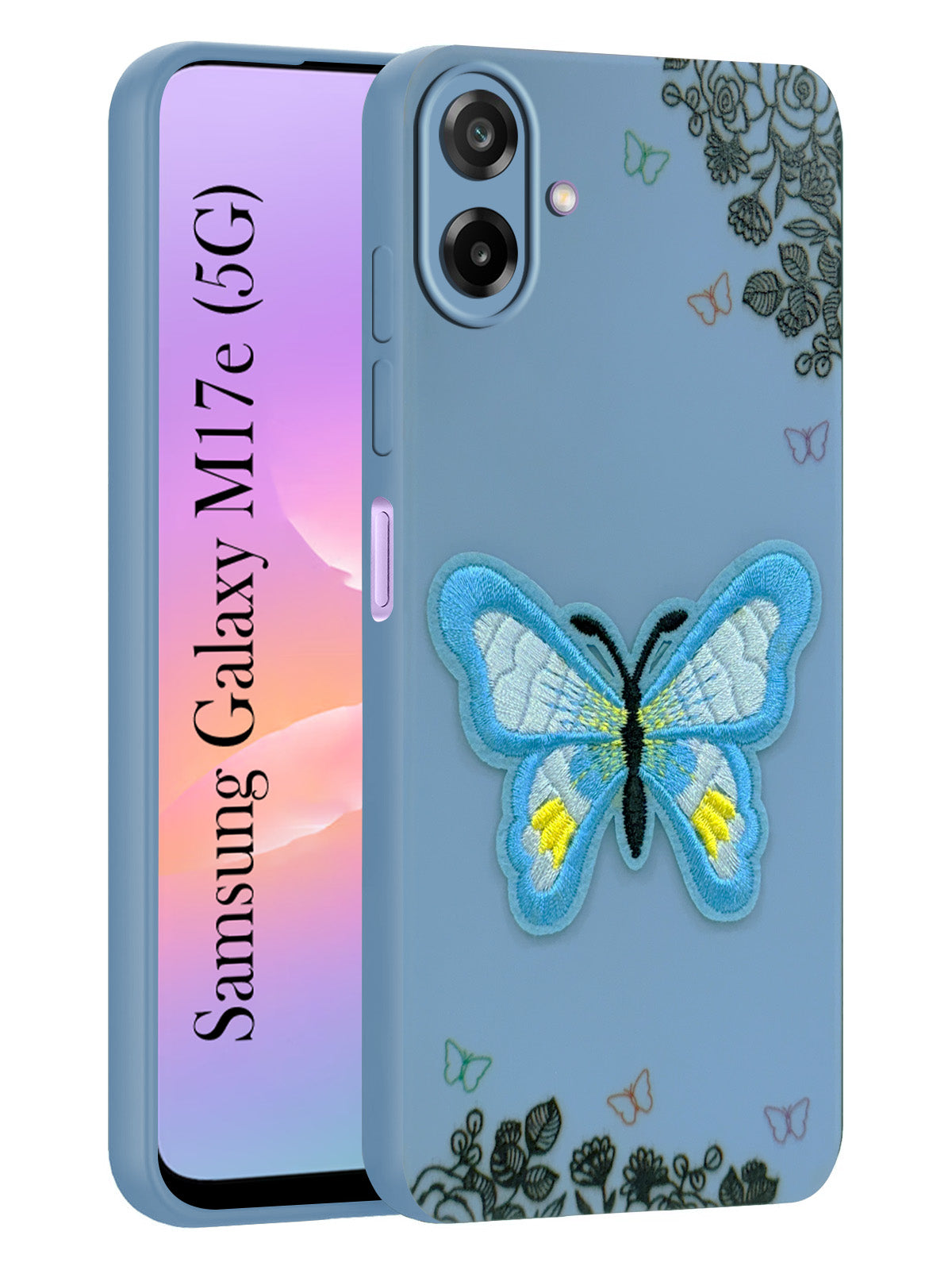 For Samsung Galaxy M17e Back Cover Case (Soft Butterfly Embroidery | Women Teen Girls | Camera Protection| Matte Silicone)
