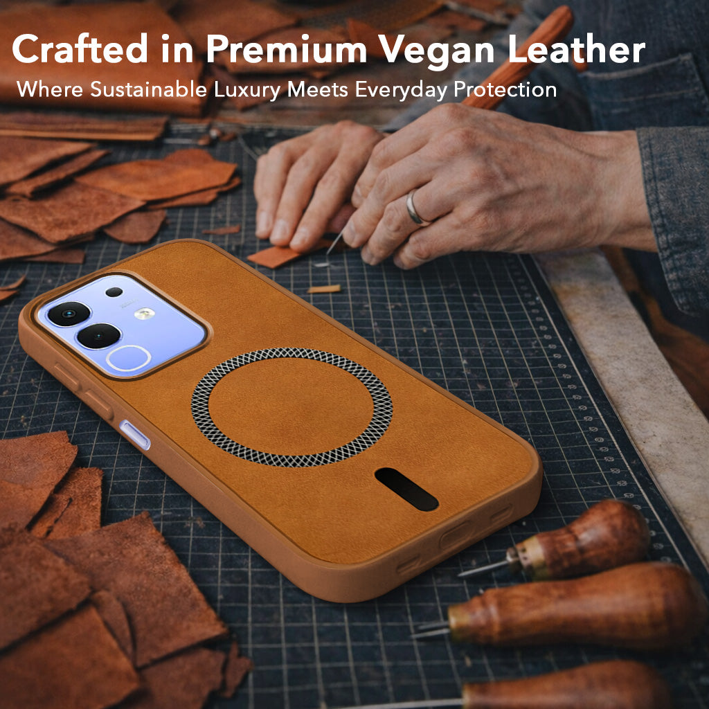 For Vivo iQOO Z10x Back Cover Case Leather Finish (MagSafe Compatible Wireless Charging | Soft Touch | Camera Bump Protection)