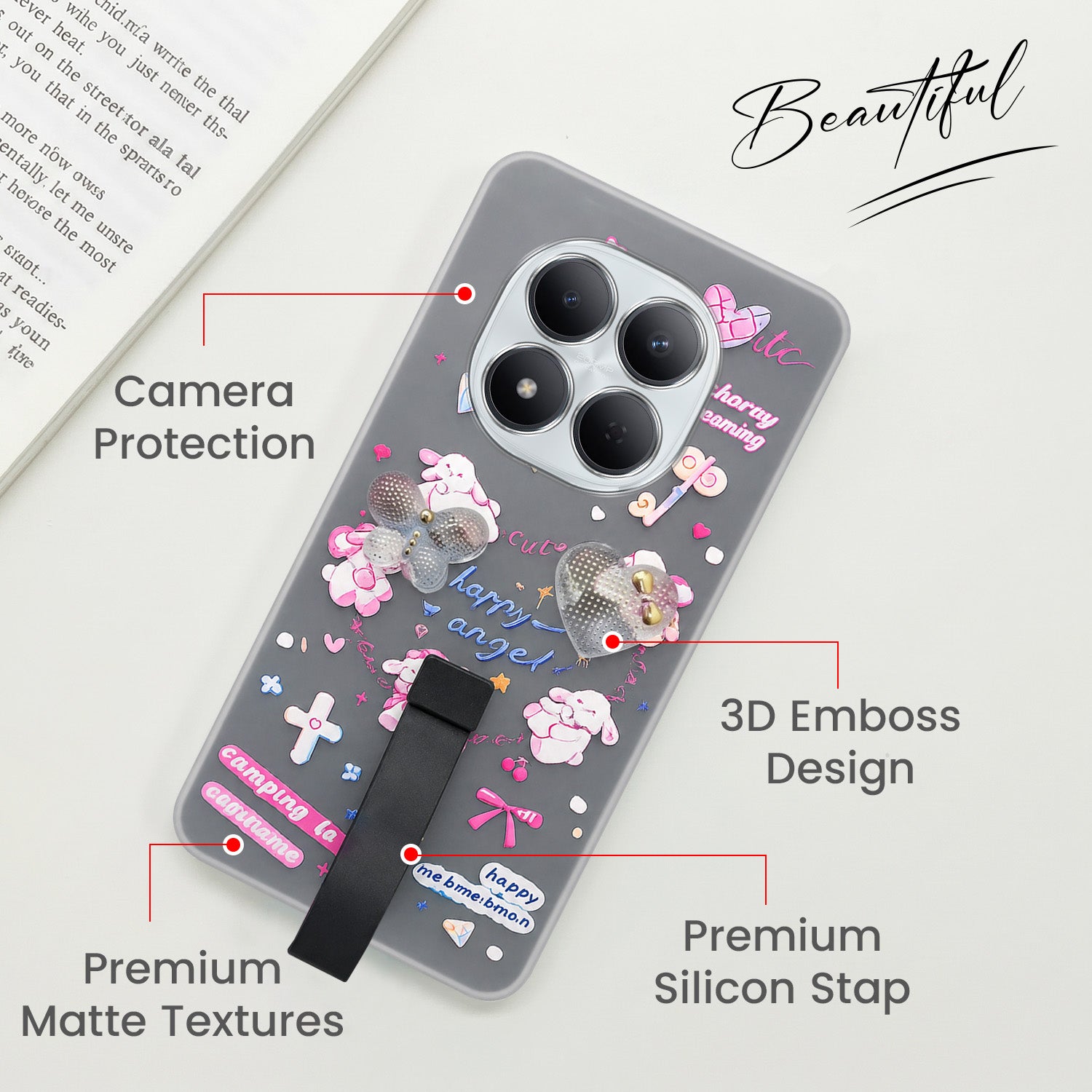 For Xiaomi Redmi Note 15 Pro 5G Back Cover Case (3D Cute Heart Strap Holder | Camera Protection | Designer Girls Print)