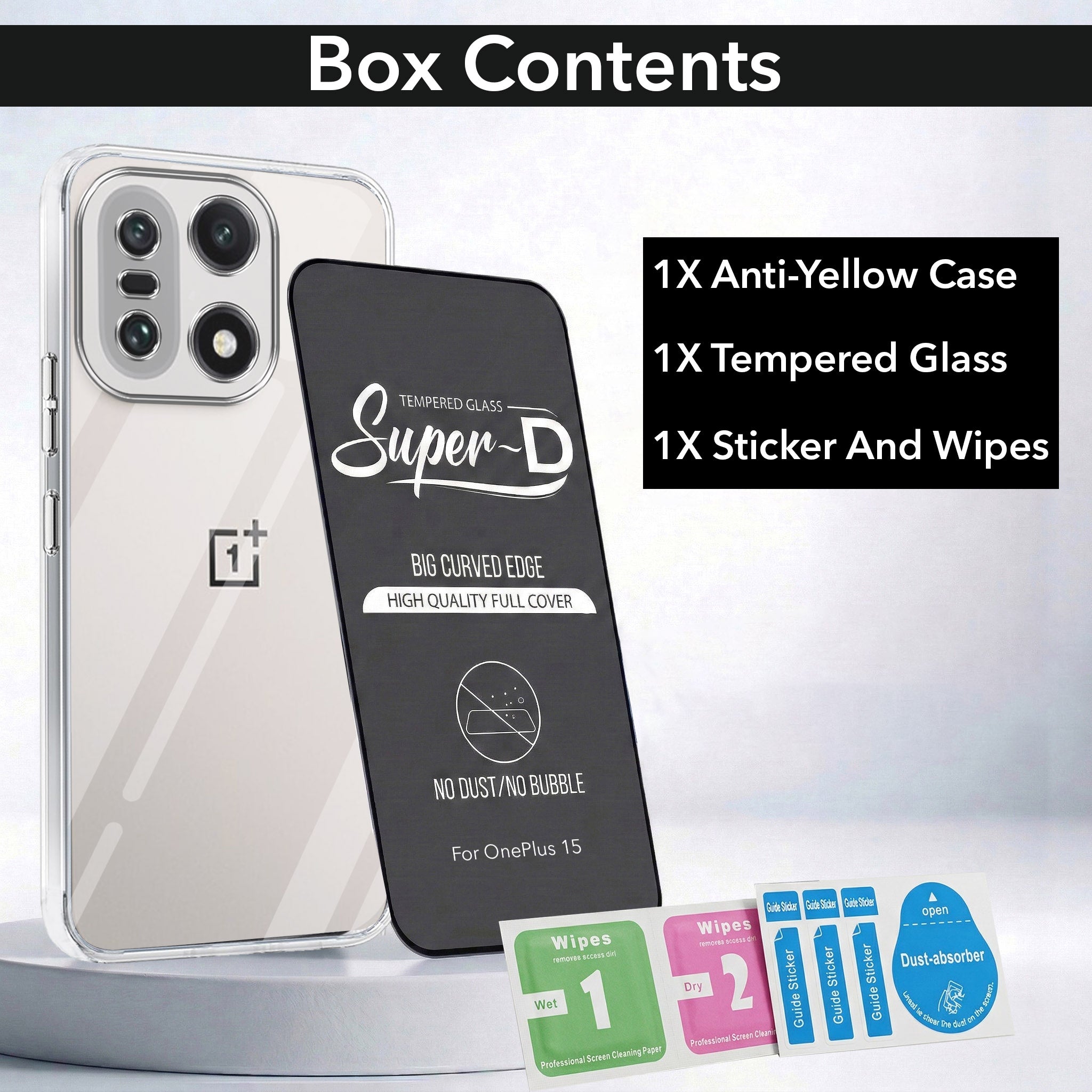 For OnePlus 15 5G Combo with Back Cover and 9H Tempered Glass (Lifetime Anti-Yellow | Sleek Hard Crystal | Oleophobic Coating Screen Glass)