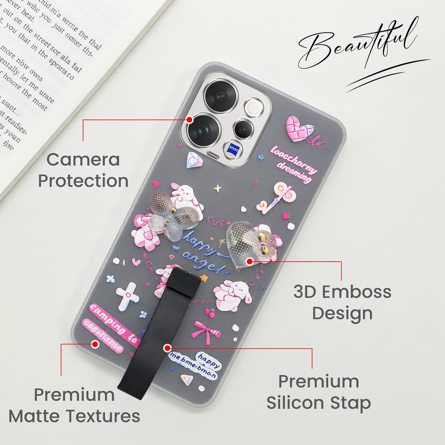 For Vivo V70 | Vivo V70 Elite 5G Back Cover Case (3D Cute Heart Strap Holder | Camera Protection | Designer Girls Print)