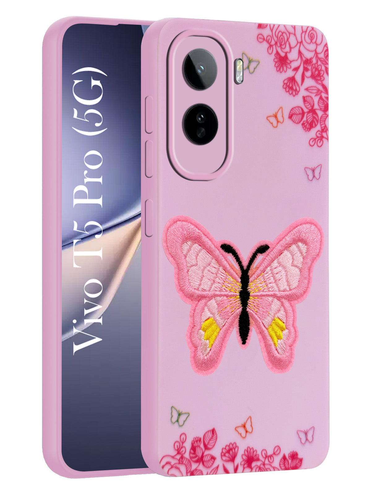 For Vivo T5 Pro 5G Back Cover Case (Soft Butterfly Embroidery | Women Teen Girls | Camera Protection| Matte Silicone)