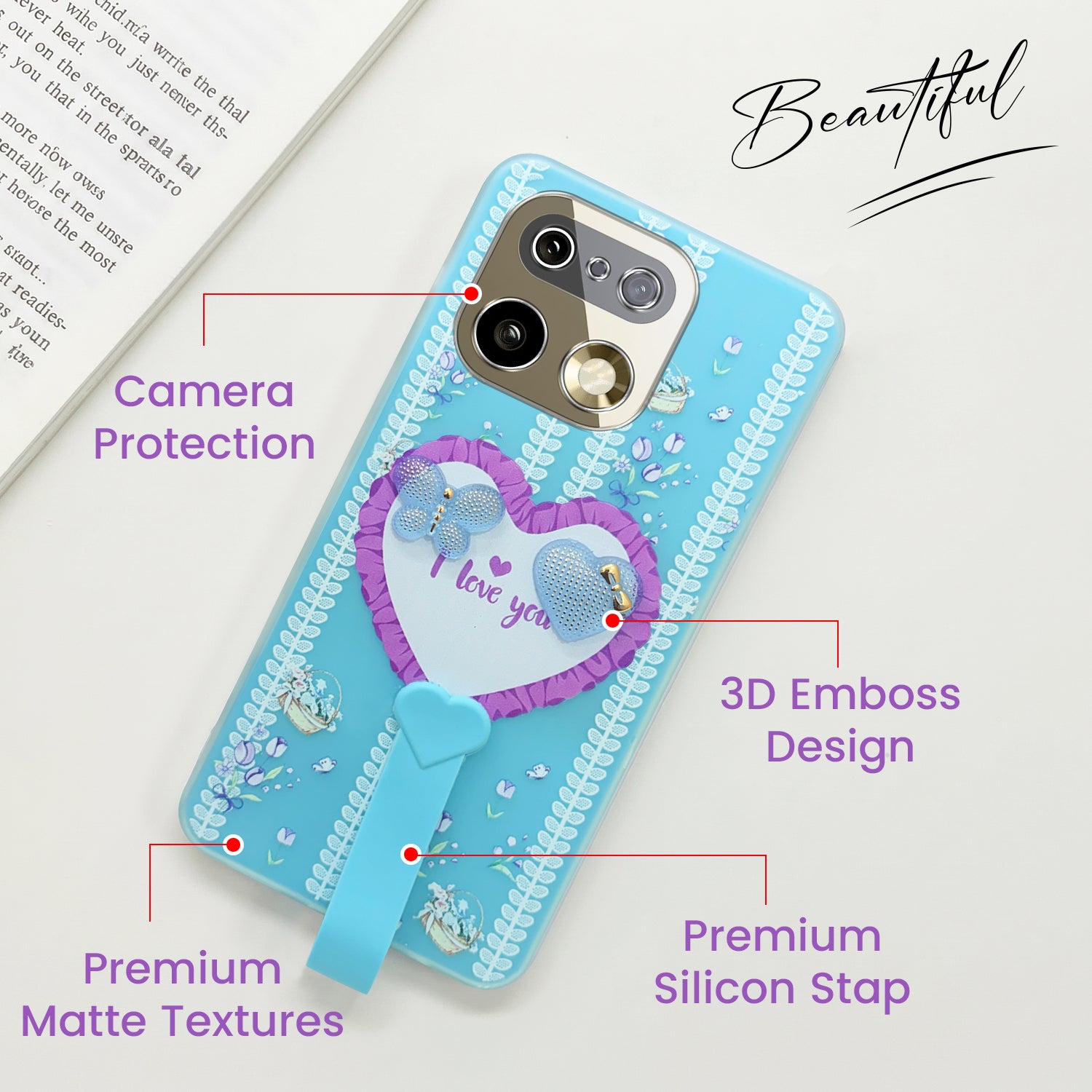 For Realme 16 Pro Plus 5G Back Cover Case (3D Cute Heart Strap Holder | Camera Protection | Designer Girls Print)