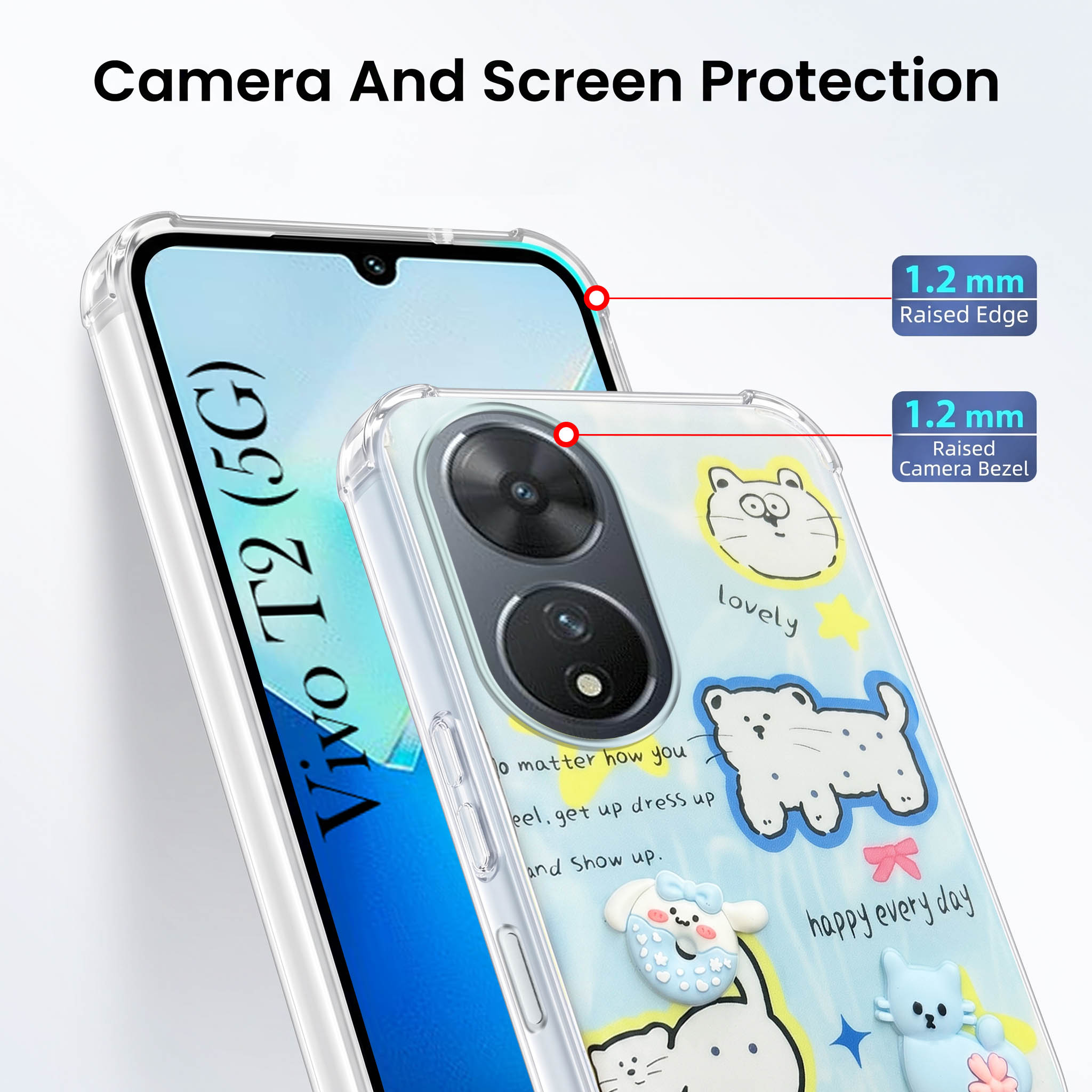 For Vivo T2 Back Cover Case (3D Cute Cartoons | Hard Back Side Soft | Matte Premium Finish | HD Printing)