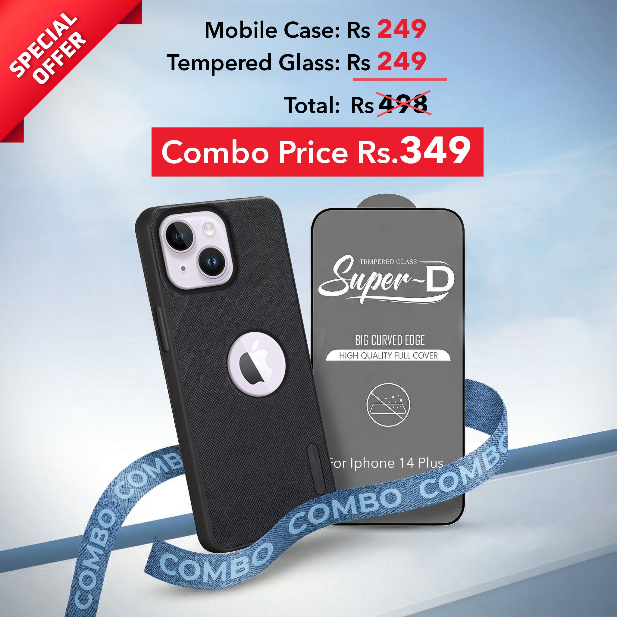 For Apple iPhone 14 Plus Combo with Back Cover and 9H Tempered Glass (Textured Grip Design | Micro-Fiber Cloth Inside | Oleophobic Coating Screen Glass)