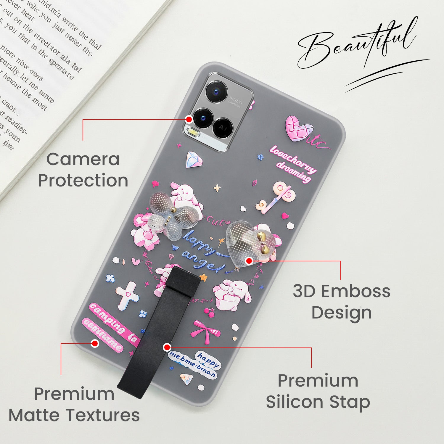 For Vivo Y21e | Vivo Y21A | Vivo Y32 Back Cover Case (3D Cute Heart Strap Holder | Camera Protection | Designer Girls Print)
