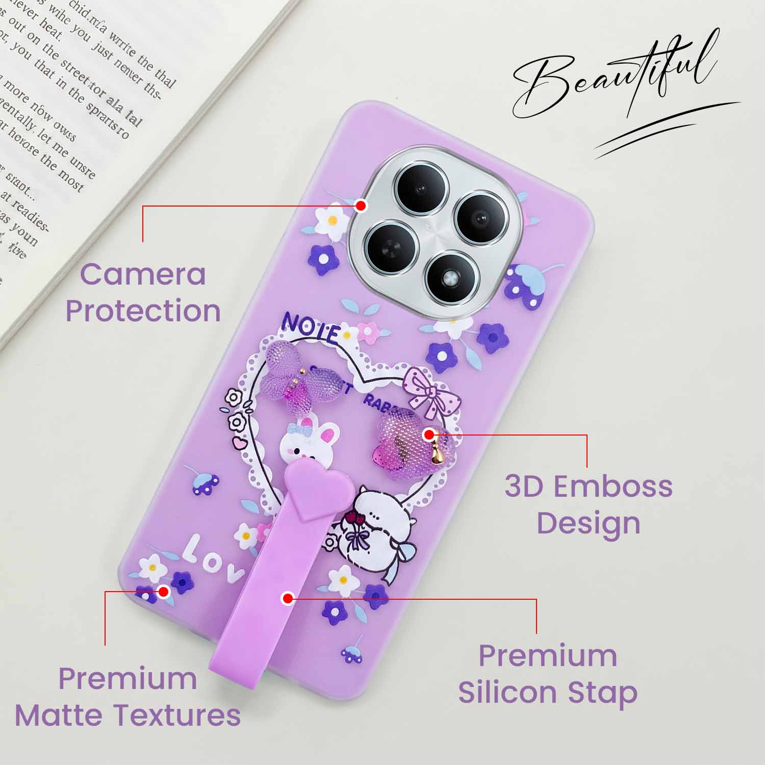 For Poco M8 5G Back Cover Case (3D Cute Heart Strap Holder | Camera Protection | Designer Girls Print)