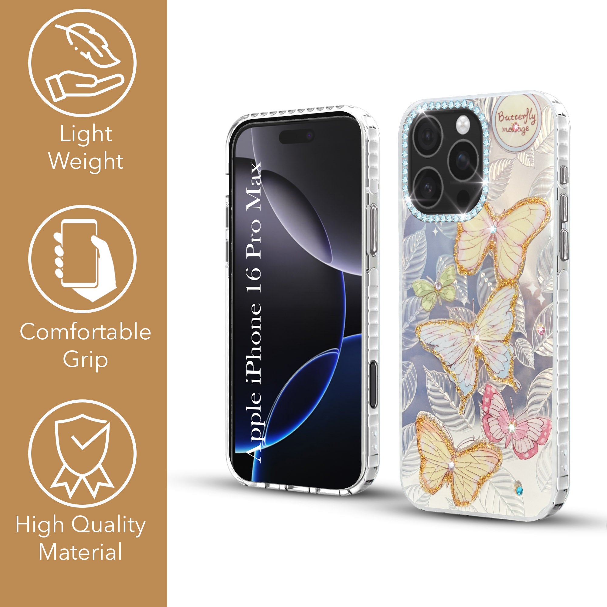 For iPhone 16 Pro Max Back Cover Case (Luxury Floral Glitter Cute Butterfly | Diamond Studded Camera Bump | Girls & Women Design)