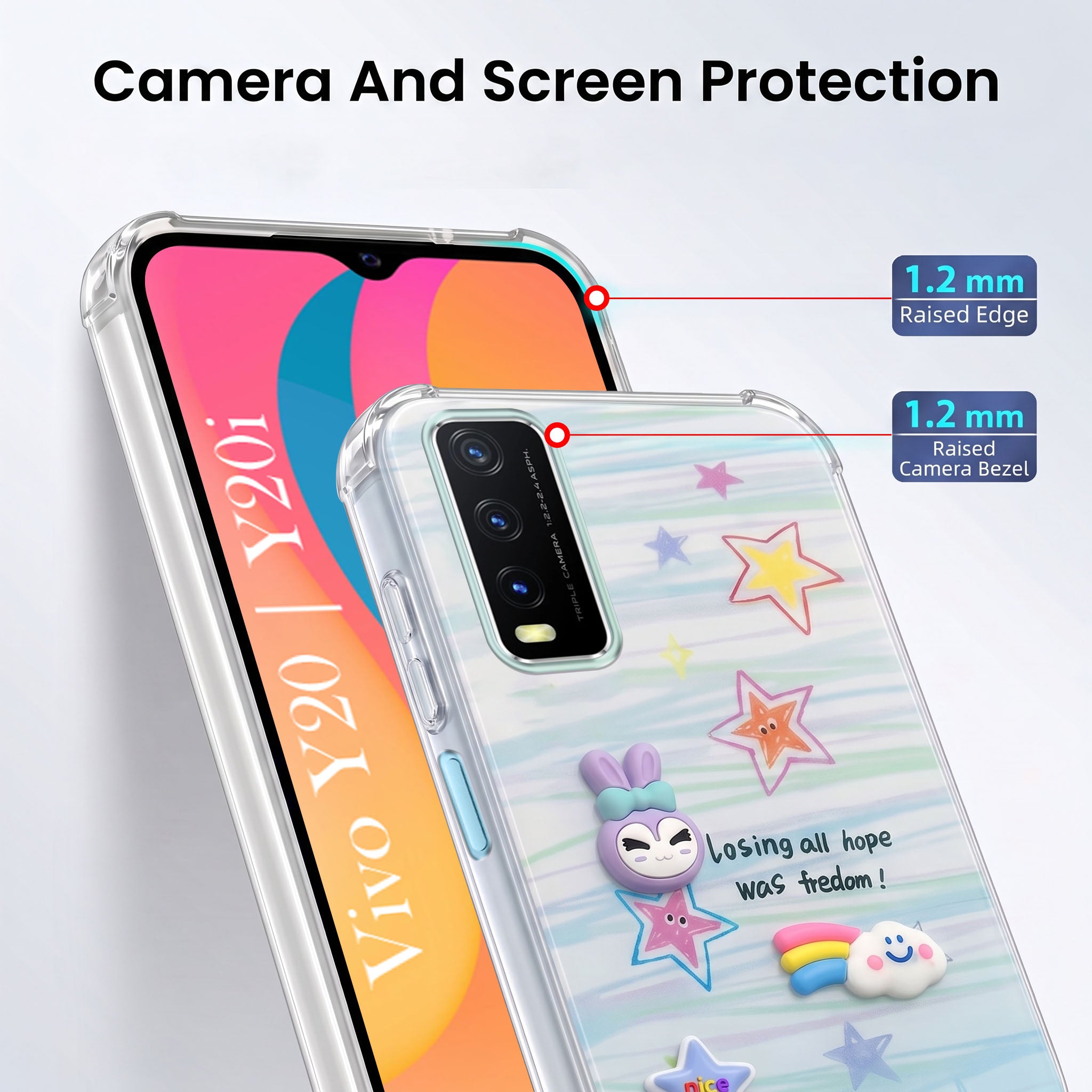 For Vivo Y20 | Y20i Back Cover Case (3D Cute Cartoons | Hard Back Side Soft | Matte Premium Finish | HD Printing)