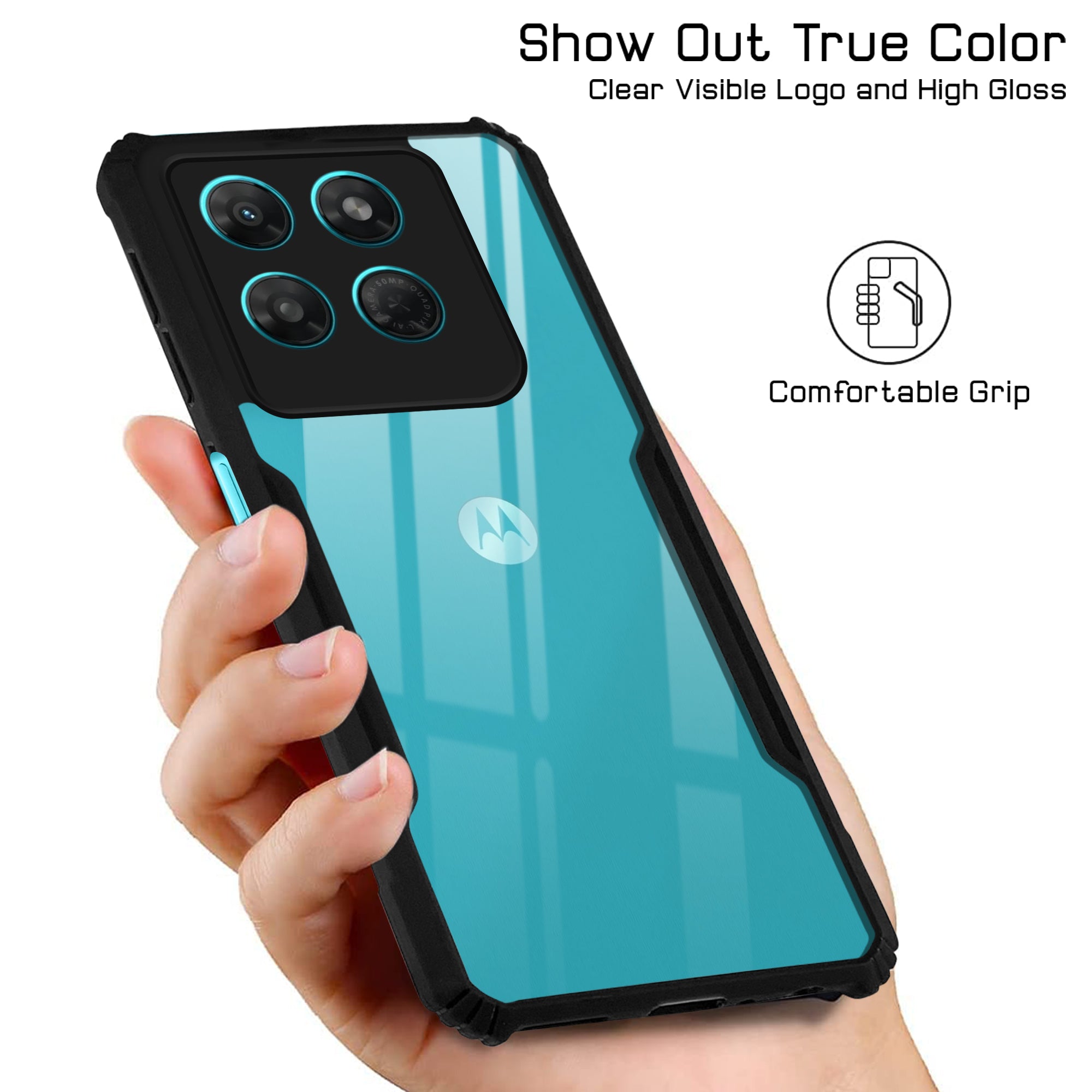 For Motorola Moto G37 Back Cover Case Hybrid (Shockproof with Polycarbonate Clear Panel | Professional Black)