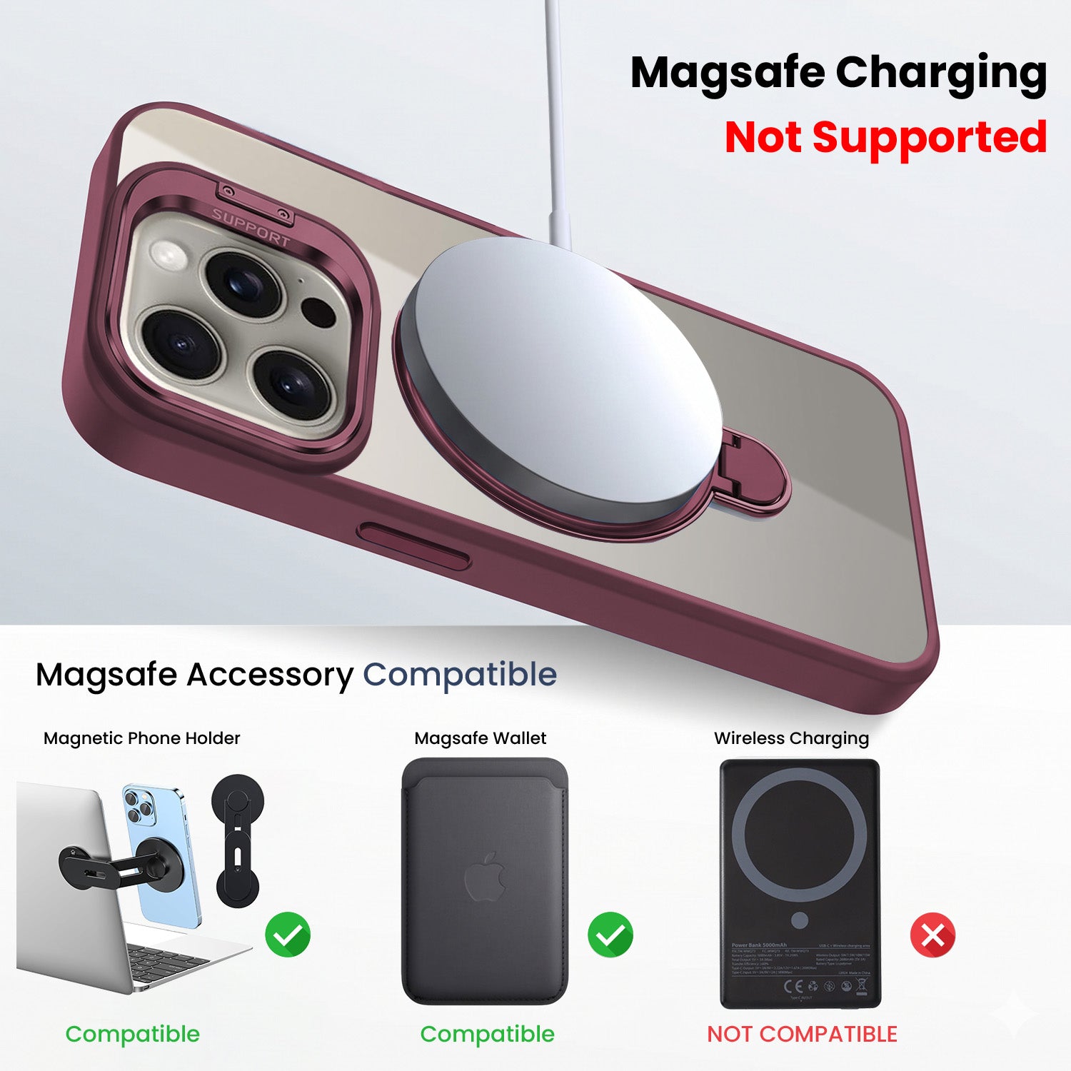 For Apple iPhone 15 Pro Max Back Cover Case Crystal (Lifetime Anti Yellow | Magnetic Ring Stand | Camera Lens Protection | MagSafe Compatible)