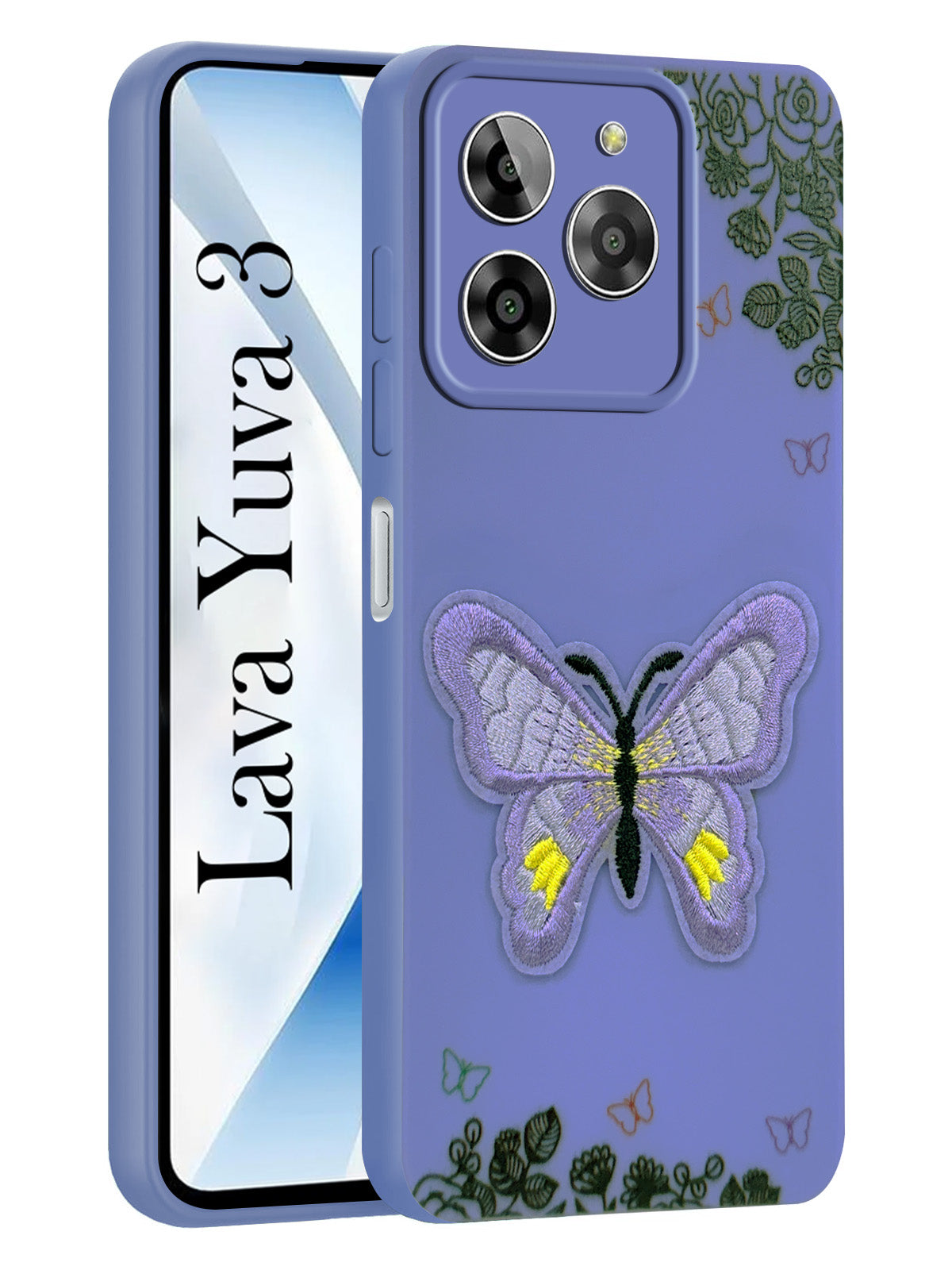 For Lava Yuva 3 Back Cover Case (Soft Butterfly Embroidery | Women Teen Girls | Camera Protection| Matte Silicone)