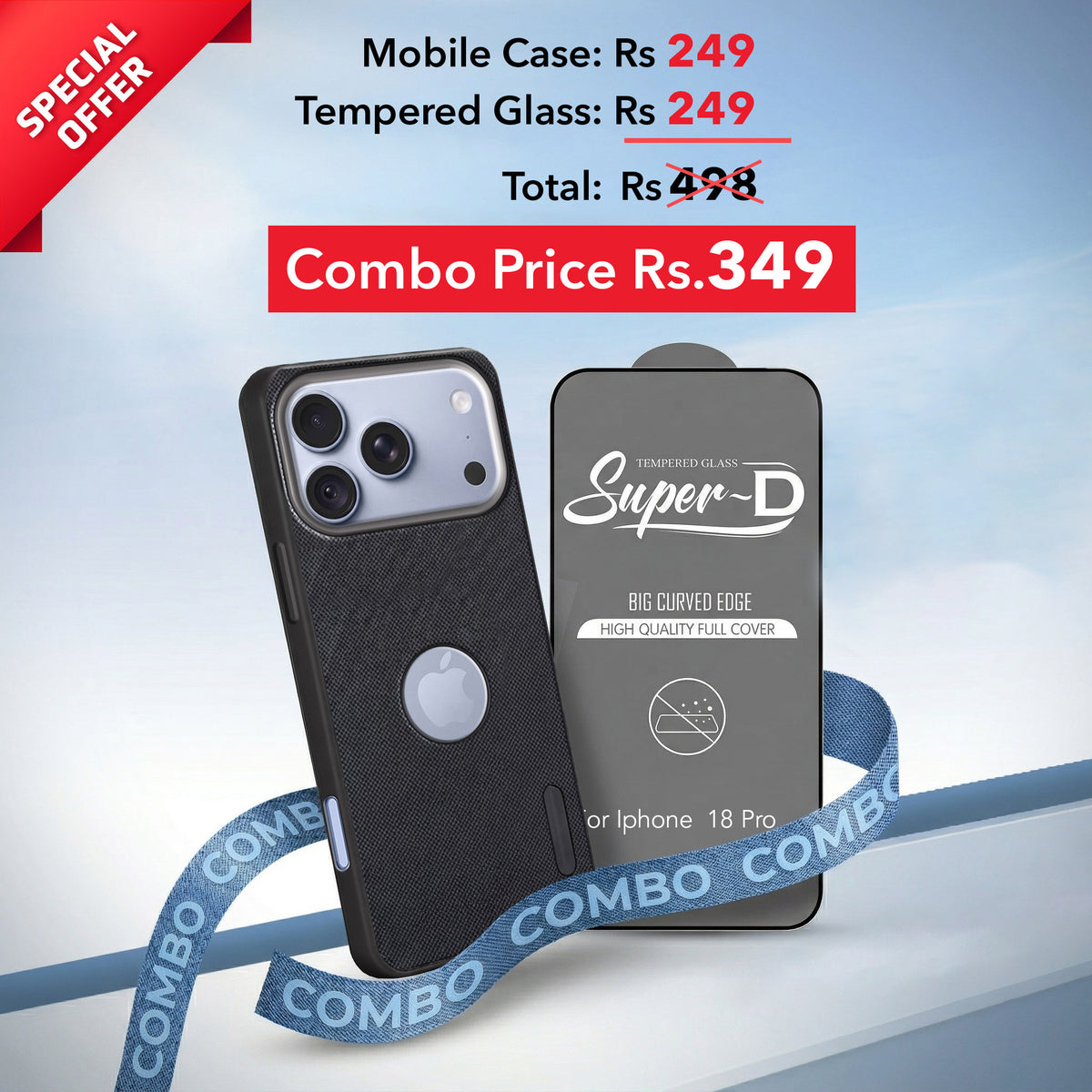 For Apple iPhone 18 Pro Combo with Back Cover and 9H Tempered Glass (Textured Grip Design | Micro-Fiber Cloth Inside | Oleophobic Coating Screen Glass)