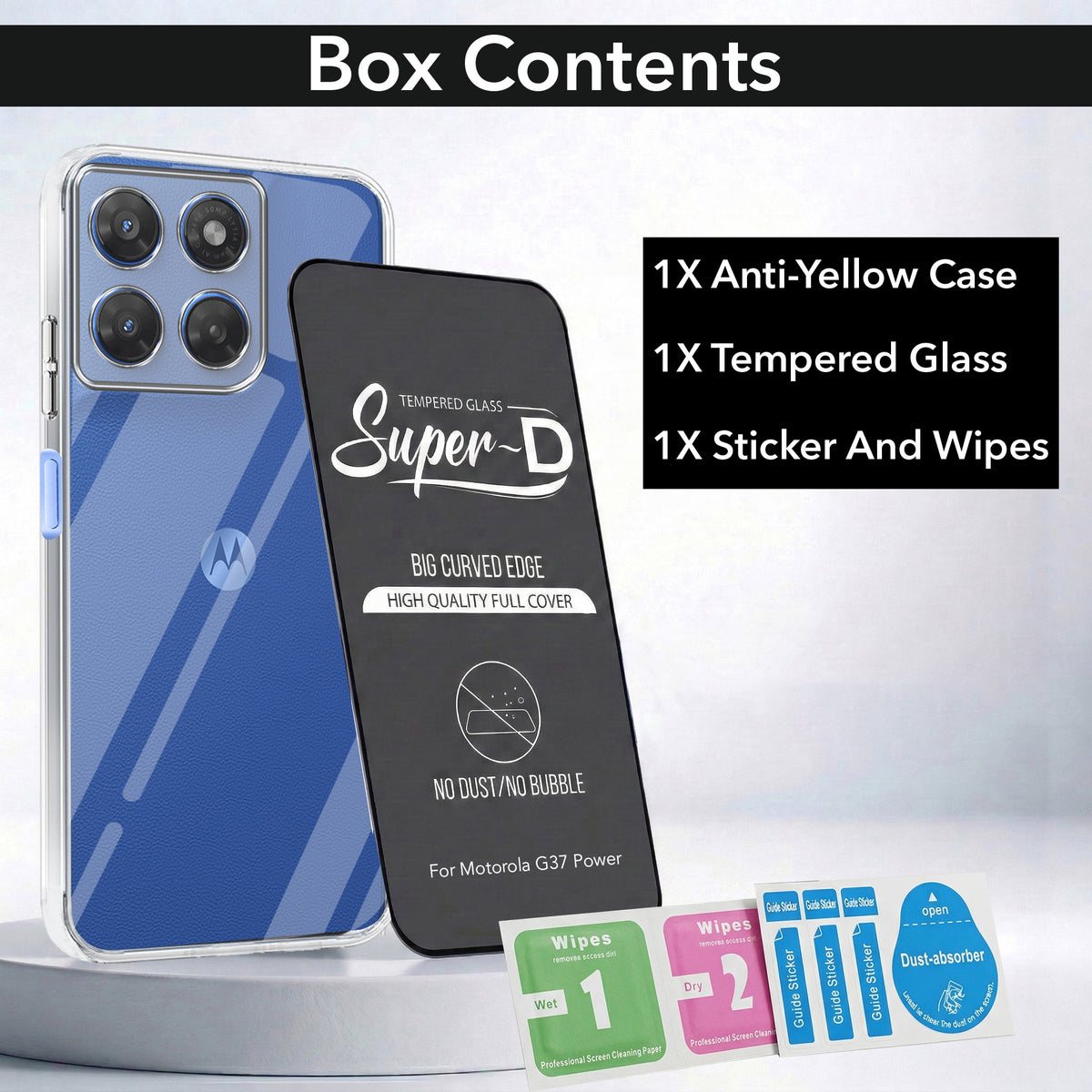 For Motorola Moto G37 Power Combo with Back Cover and 9H Tempered Glass (Lifetime Anti-Yellow | Sleek Hard Crystal | Oleophobic Coating Screen Glass)