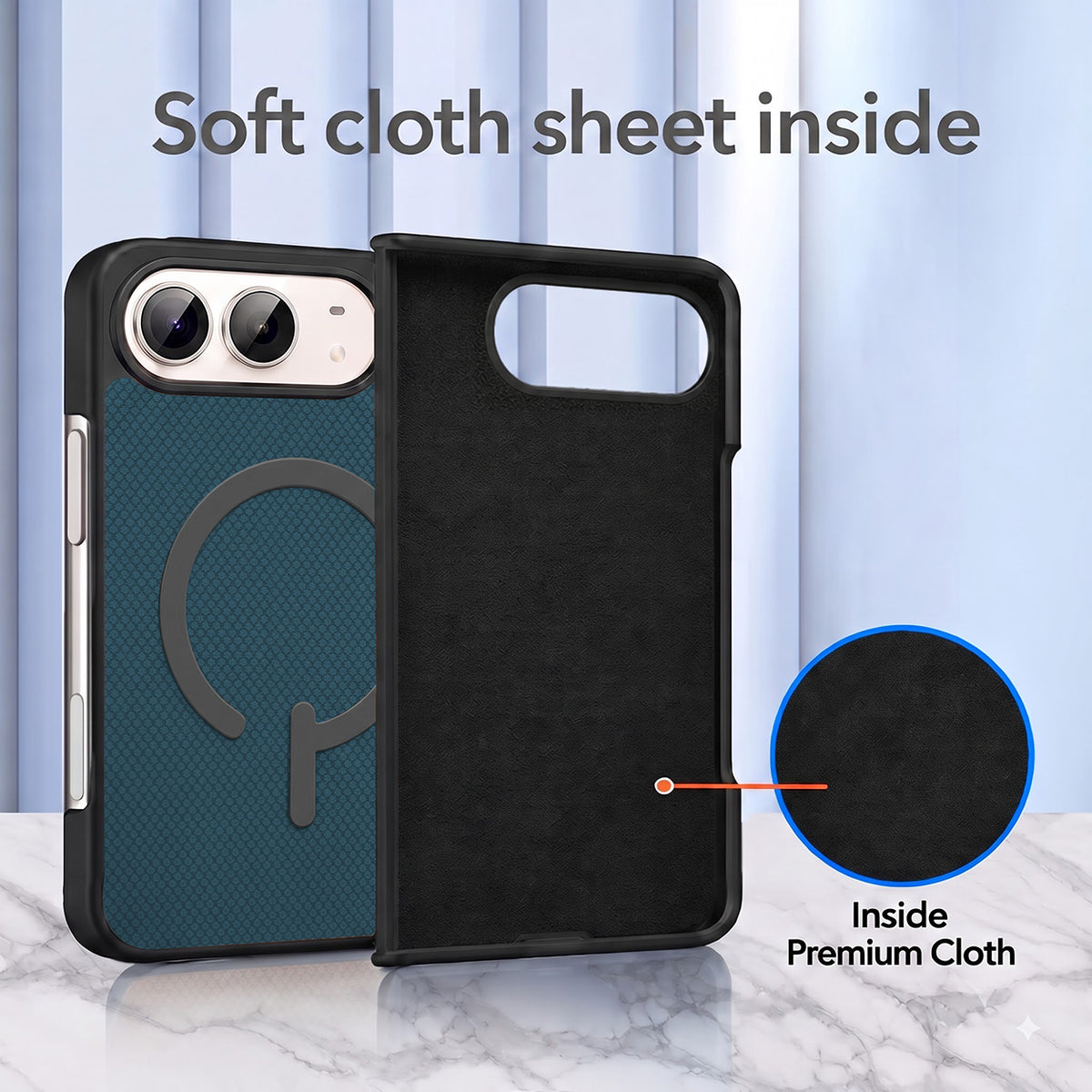 For Apple iPhone Duo Premium Magnetic Back Cover Case (MagSafe Compatible | 180° Folding Design | Soft Microfiber Inner Lining | Textured Blue Finish)