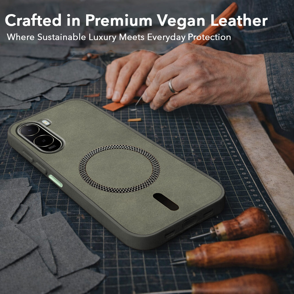 For Poco C81 Back Cover Case Leather Finish (MagSafe Compatible Wireless Charging | Soft Touch | Camera Bump Protection)