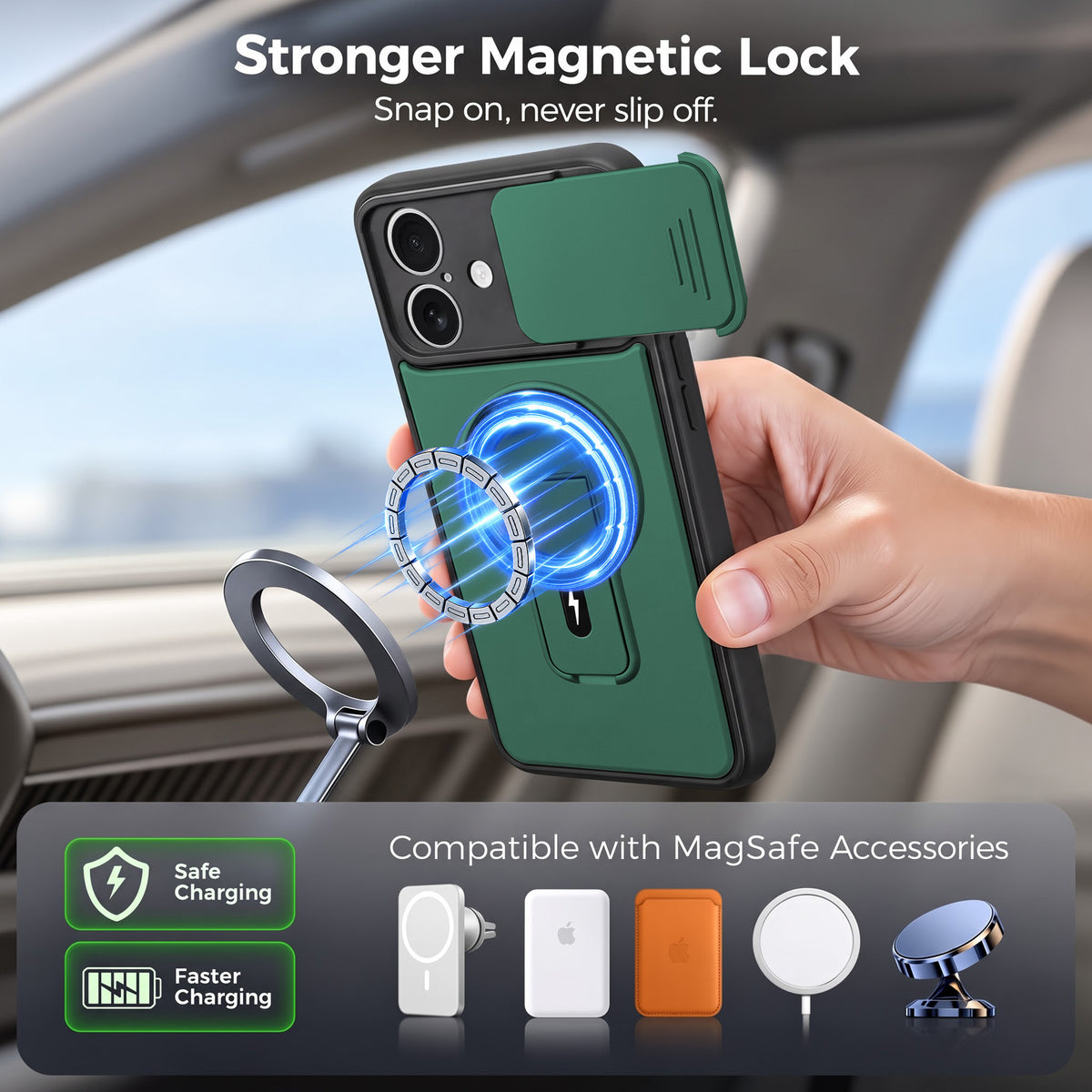 For Apple iPhone 17 Back Case Cover Metallic (Hybrid Armor Kickstand | Sliding Shutter Camera Protection | MagSafe Compatible)