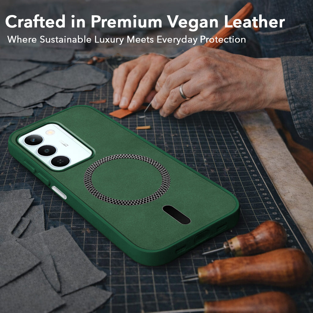 For Realme P4 Lite 5G | Narzo 100 Lite 5G Back Cover Case Leather Finish (MagSafe Compatible Wireless Charging | Soft Touch | Camera Bump Protection)