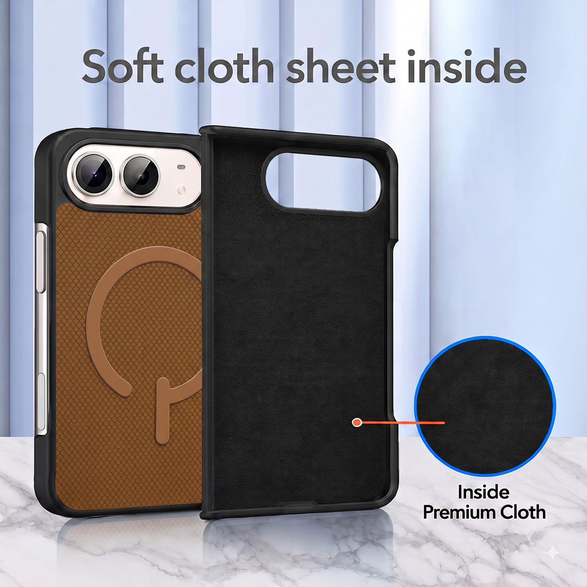 For Apple iPhone Duo Premium Magnetic Back Cover Case (MagSafe Compatible | 180° Folding Design | Soft Microfiber Inner Lining | Textured Blue Finish)