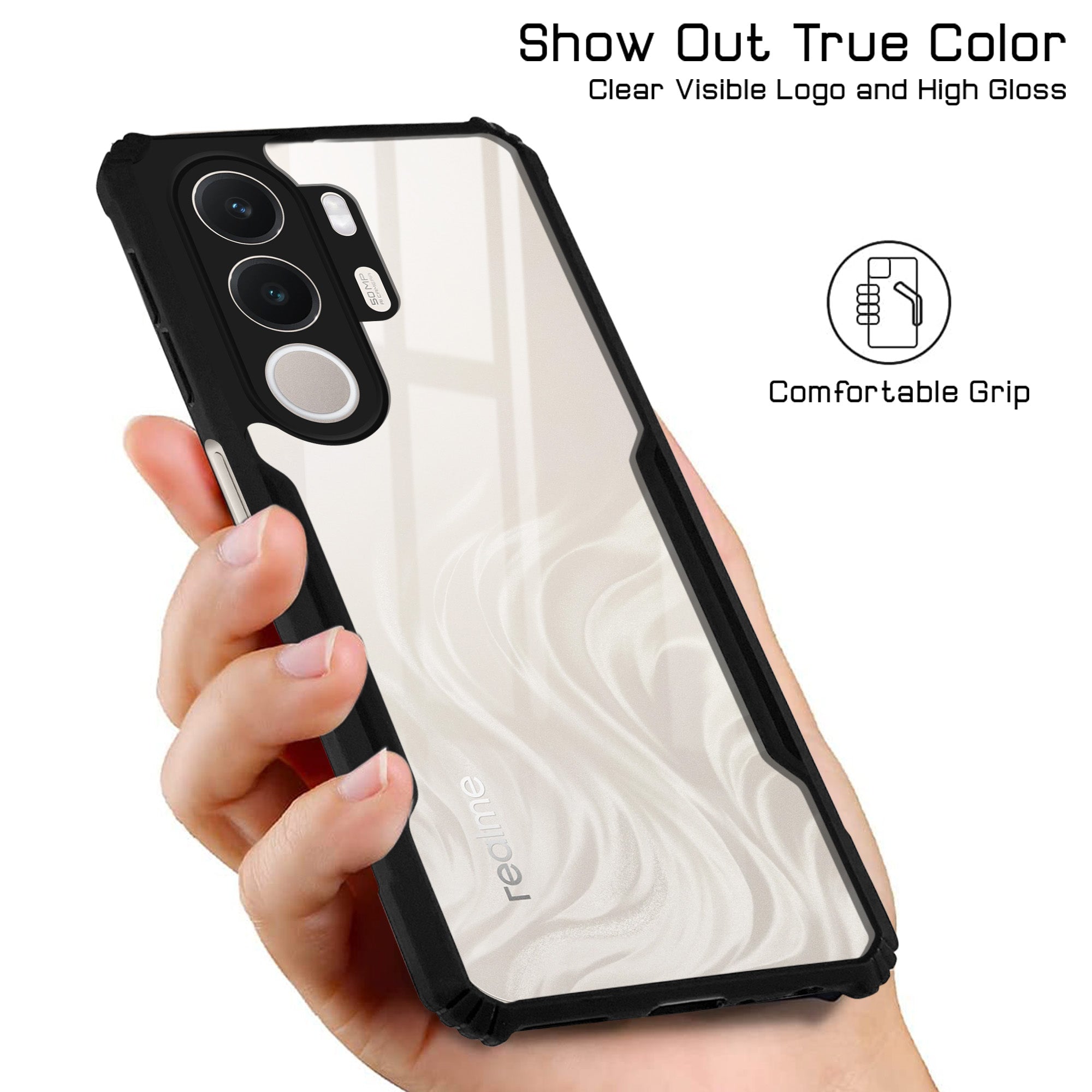 For Realme C100X Back Cover Case Hybrid (Shockproof with Polycarbonate Clear Panel | Professional Black)
