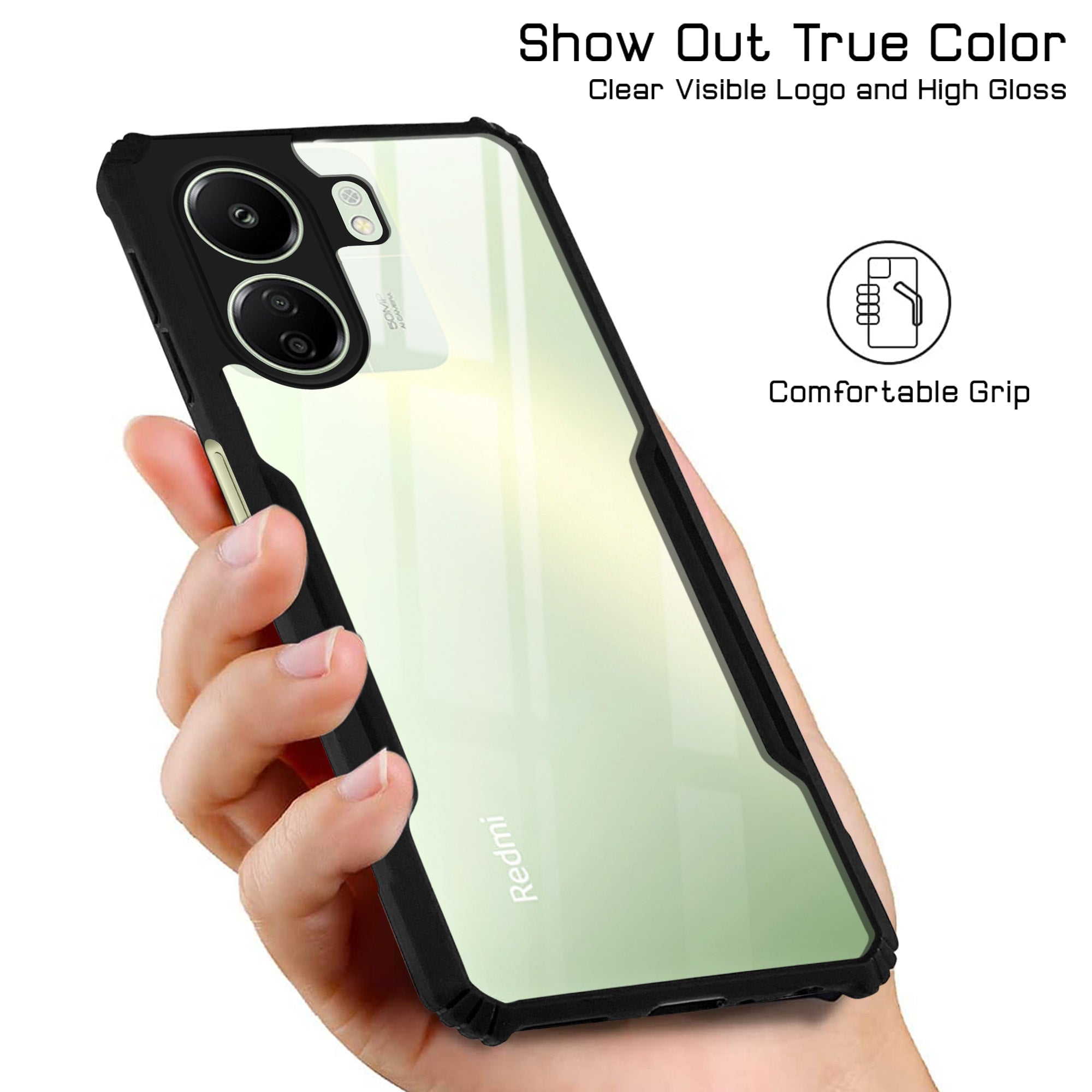 For Redmi 13C 4G Back Cover Case Hybrid (Shockproof with Polycarbonate Clear Panel | Professional Black)
