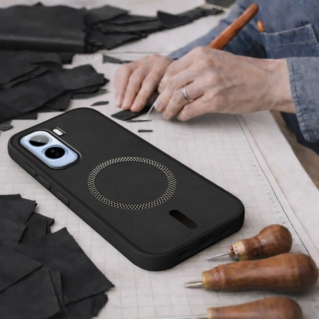 For Vivo T5 Pro 5G Back Cover Case Leather Finish (MagSafe Compatible Wireless Charging | Soft Touch | Camera Bump Protection)