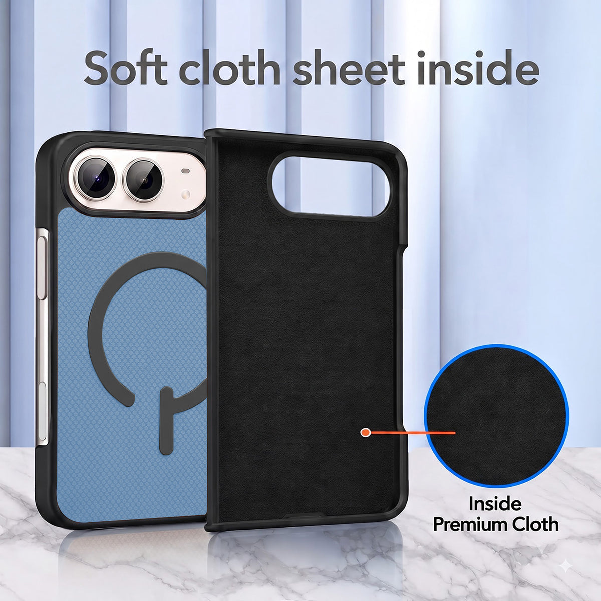 For Apple iPhone Duo Premium Magnetic Back Cover Case (MagSafe Compatible | 180° Folding Design | Soft Microfiber Inner Lining | Textured Blue Finish)