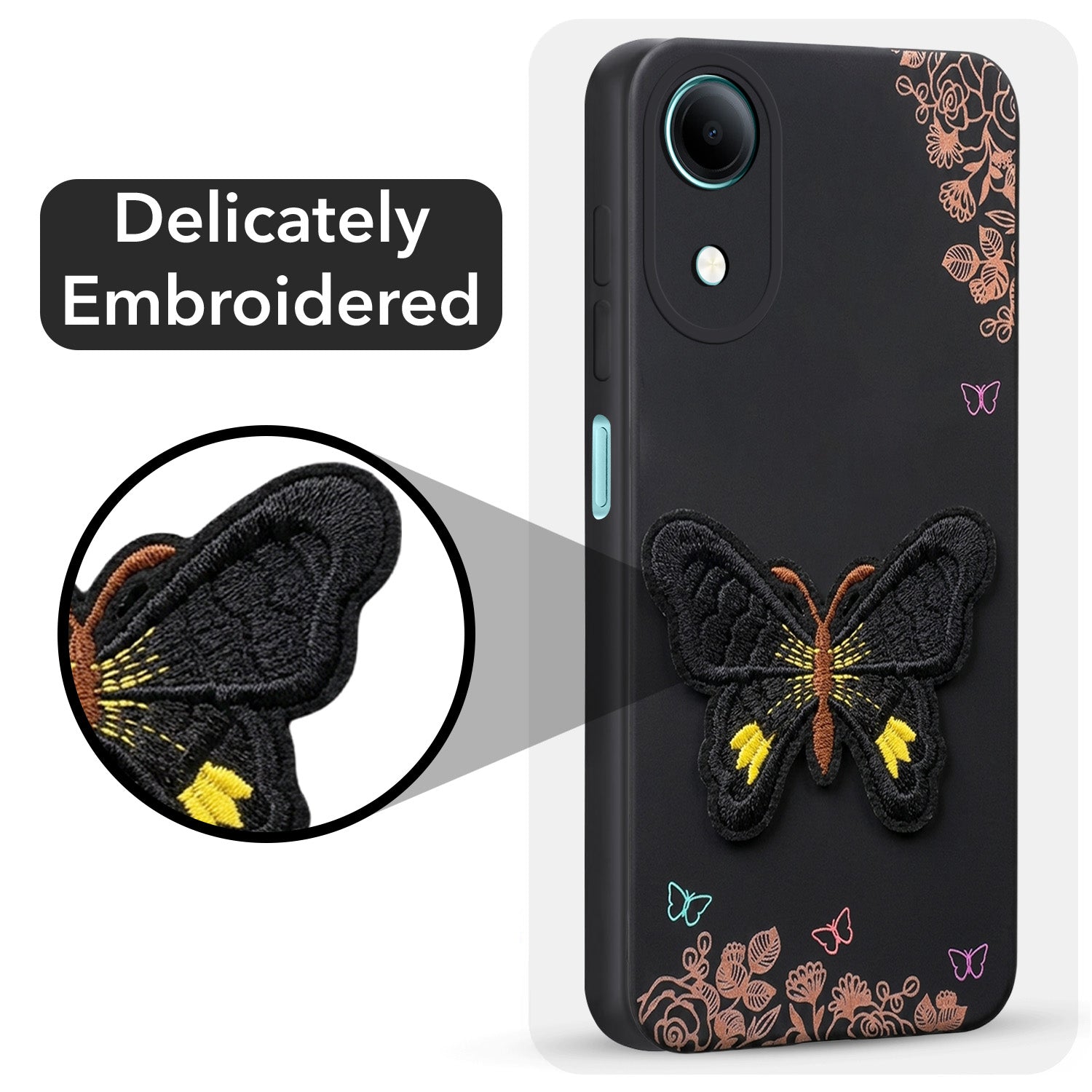 For Vivo T5e 5G Back Cover Case (Soft Butterfly Embroidery | Women Teen Girls | Camera Protection| Matte Silicone)