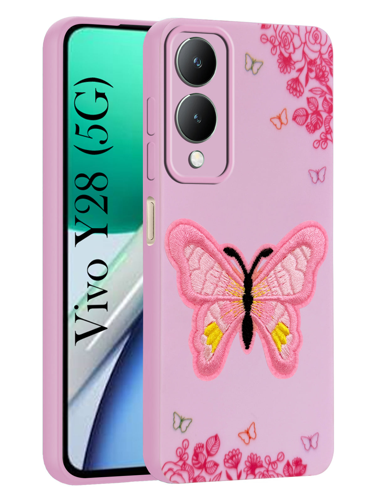 For Vivo Y28 5G Back Cover Case (Soft Butterfly Embroidery | Women Teen Girls | Camera Protection| Matte Silicone)