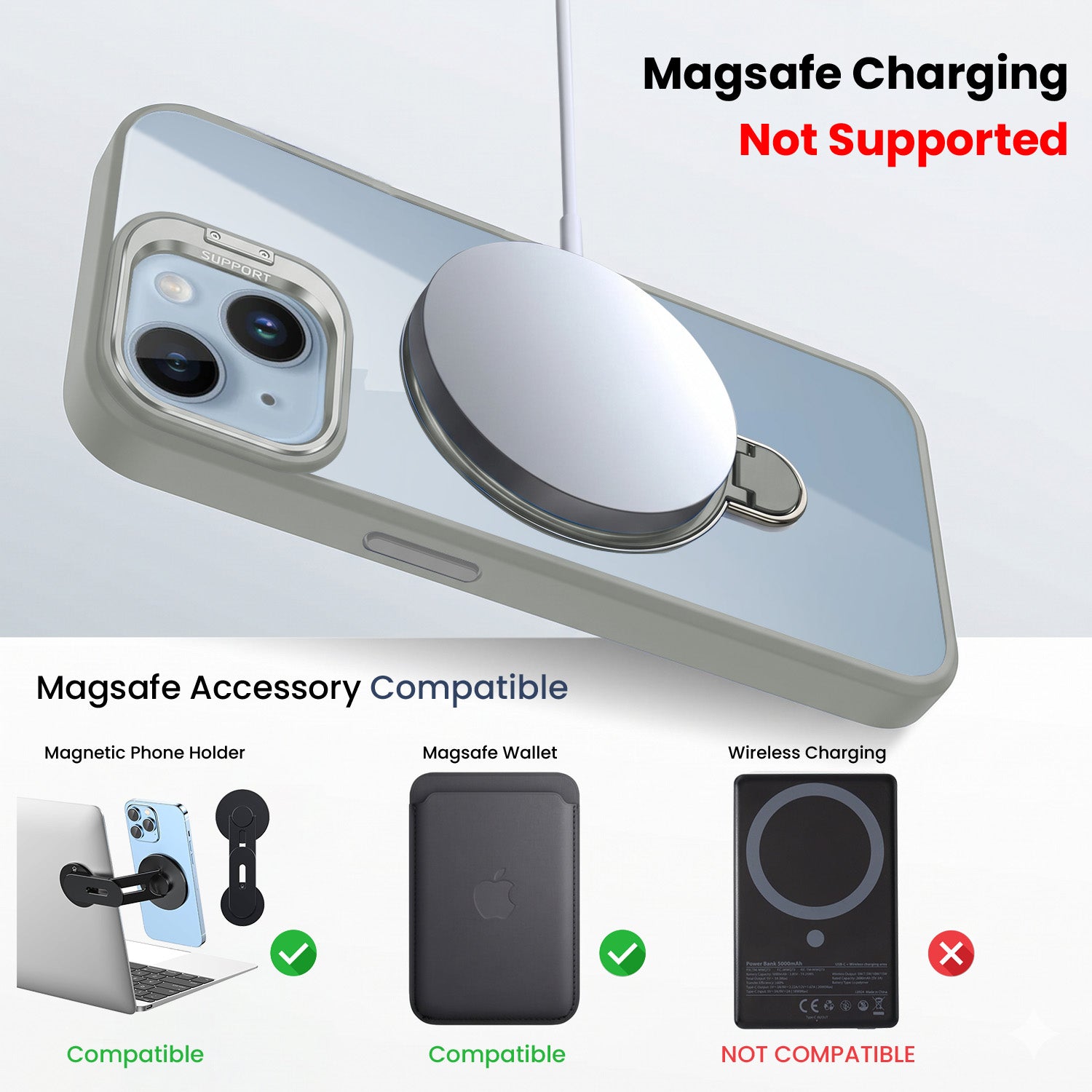 For Apple iPhone 14 Back Cover Case Crystal (Lifetime Anti Yellow | Magnetic Ring Stand | Camera Lens Protection | MagSafe Compatible)