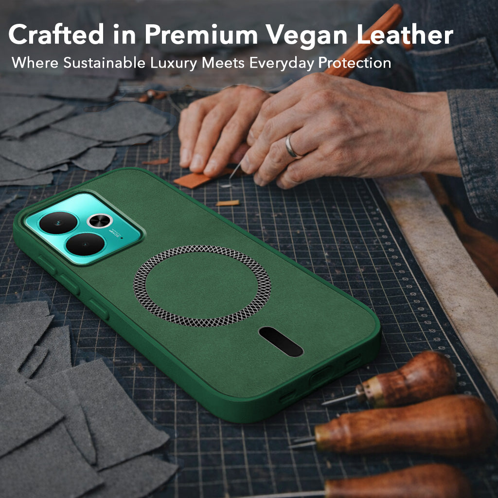 For Realme 14T Back Cover Case Leather Finish (MagSafe Compatible Wireless Charging | Soft Touch | Camera Bump Protection)
