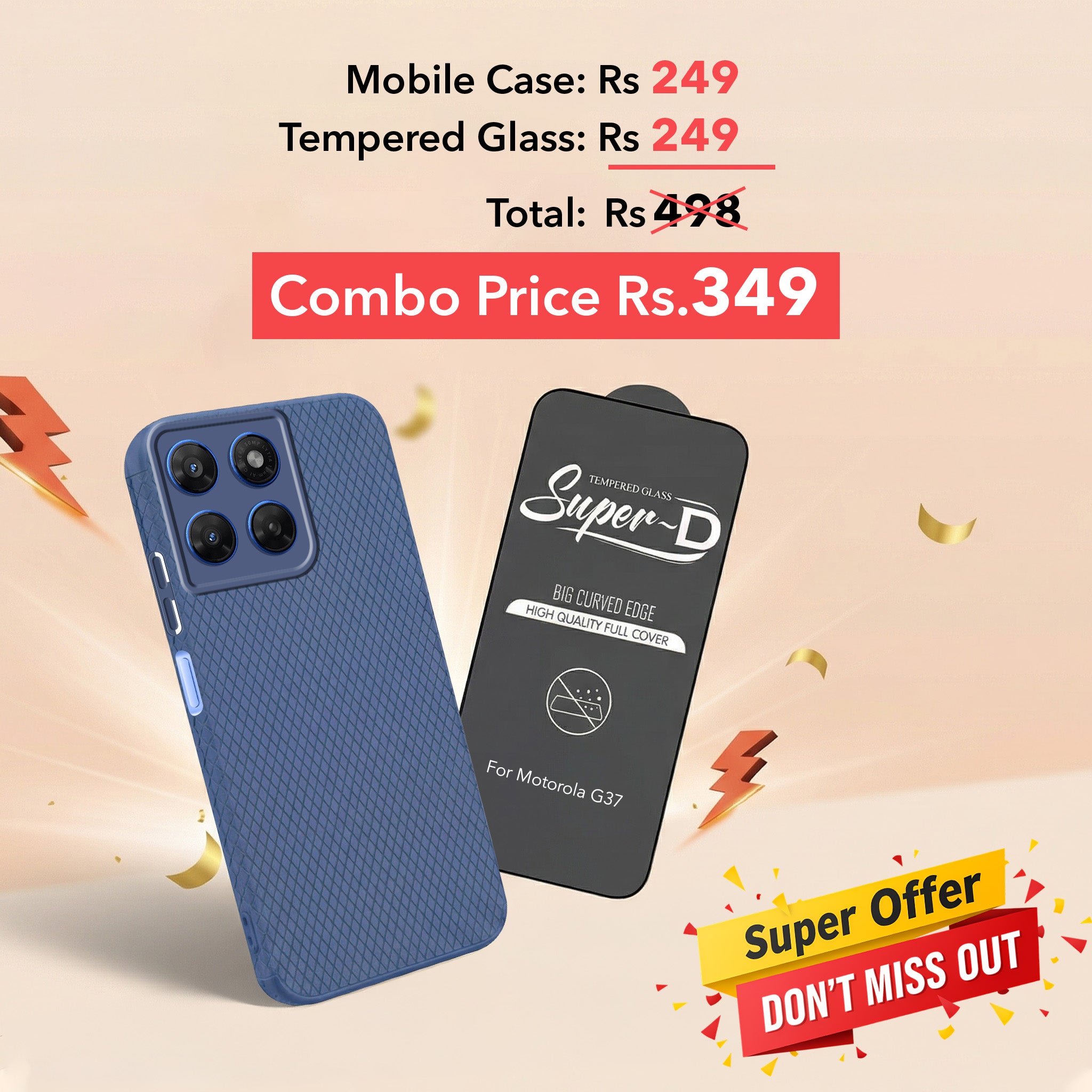 For Motorola Moto G37 Combo with Back Cover and 9H Tempered Glass (Liquid Silicone | Camera Protection | Oleophobic Coating Screen Glass)